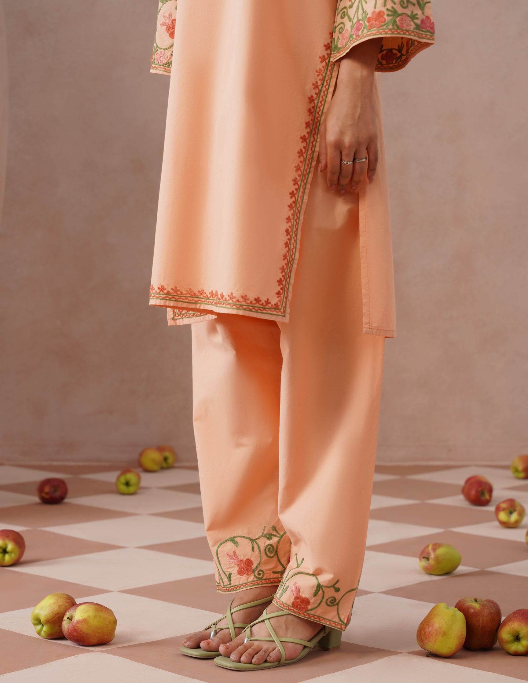 Light Peach Poplin Coordset – Pink & Green Aari Embroidery | Office & Casual Wear - Kashmir Box
