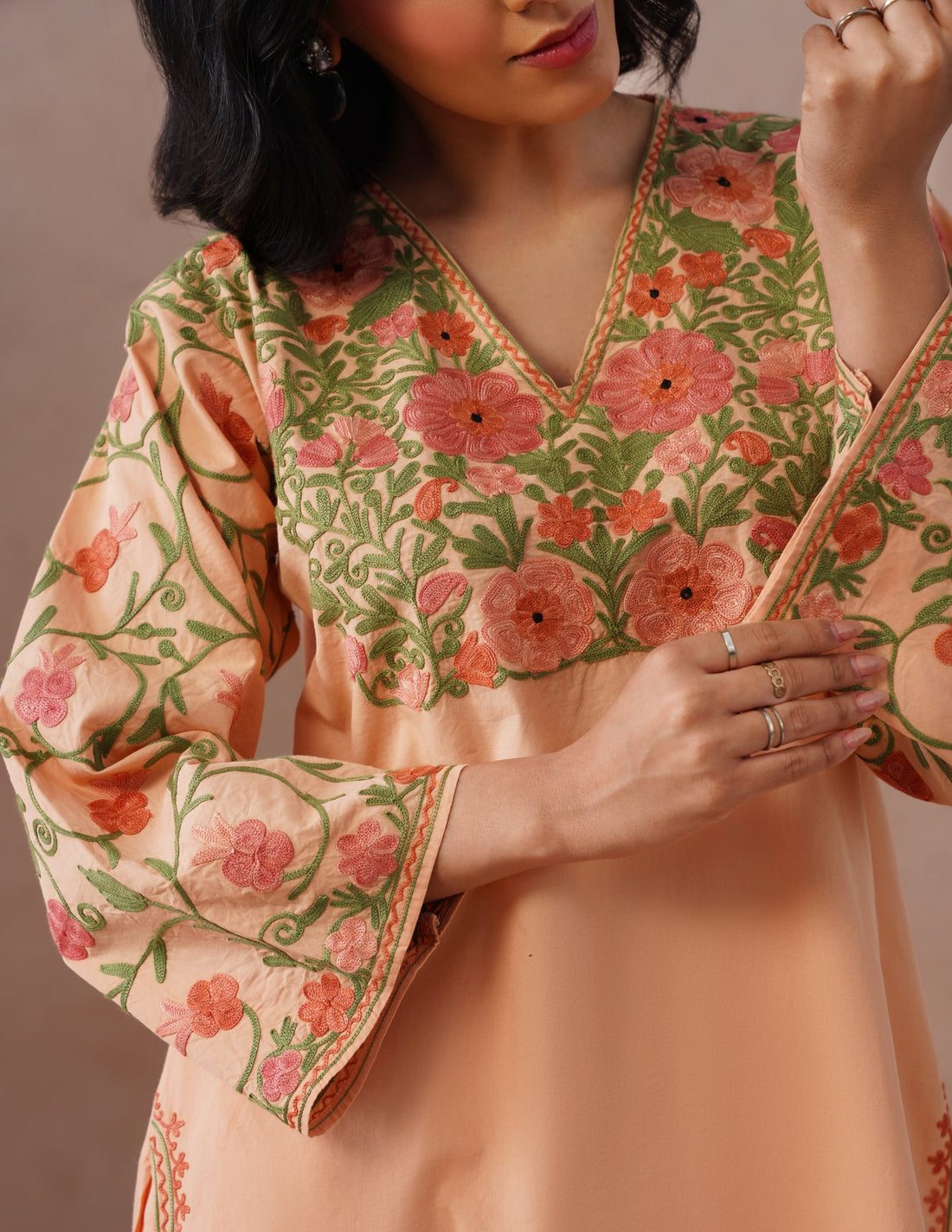 Light Peach Poplin Coordset – Pink & Green Aari Embroidery | Office & Casual Wear - Kashmir Box