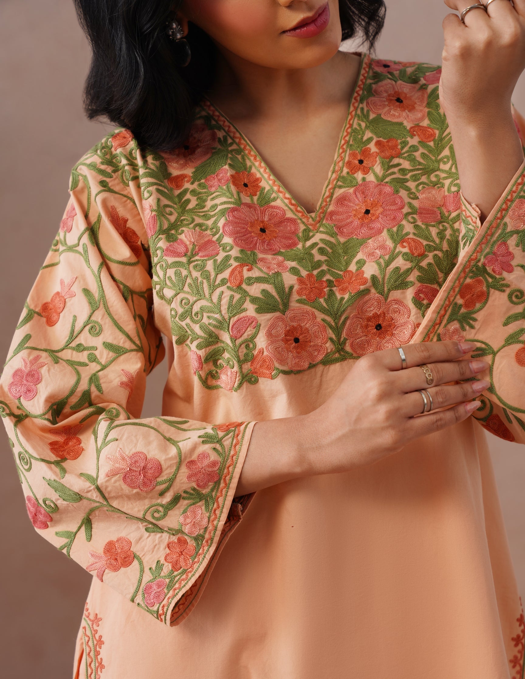 Light Peach Poplin Coordset – Pink & Green Aari Embroidery | Office & Casual Wear - Kashmir Box