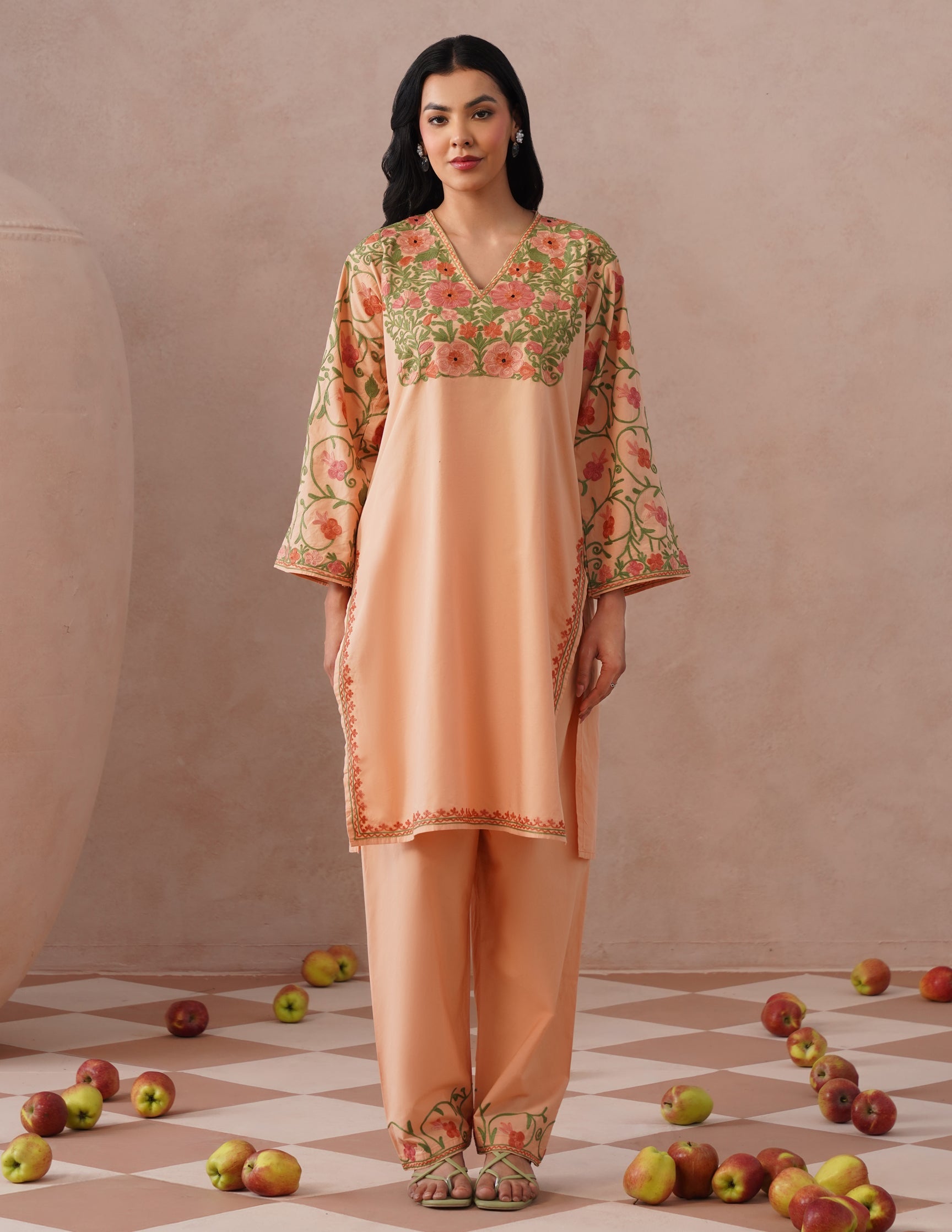 Light Peach Poplin Coordset – Pink & Green Aari Embroidery | Office & Casual Wear - Kashmir Box