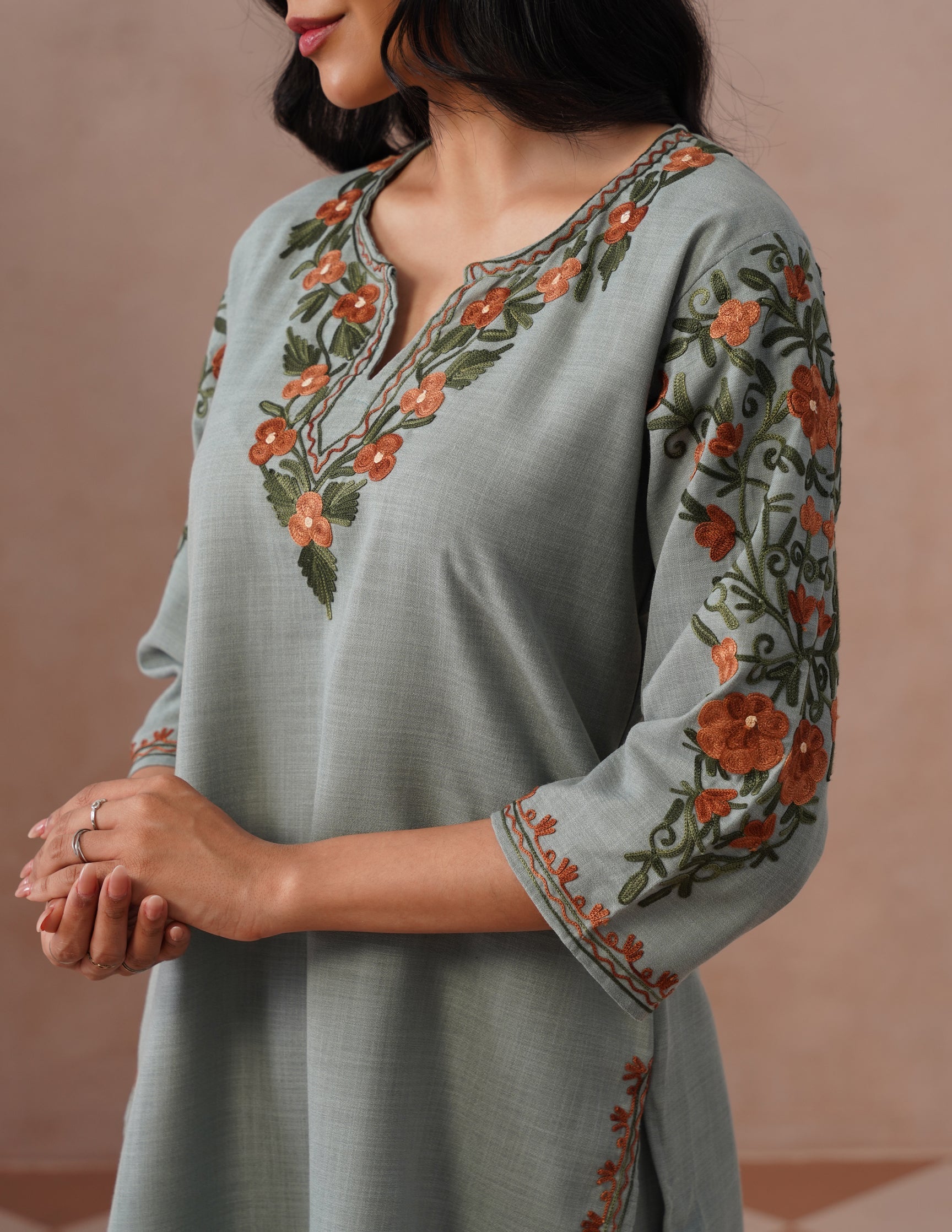 Light Blue Cotton Coordset – Green & Brown Earthy Embroidery | Everyday Ethnic Wear - Kashmir Box