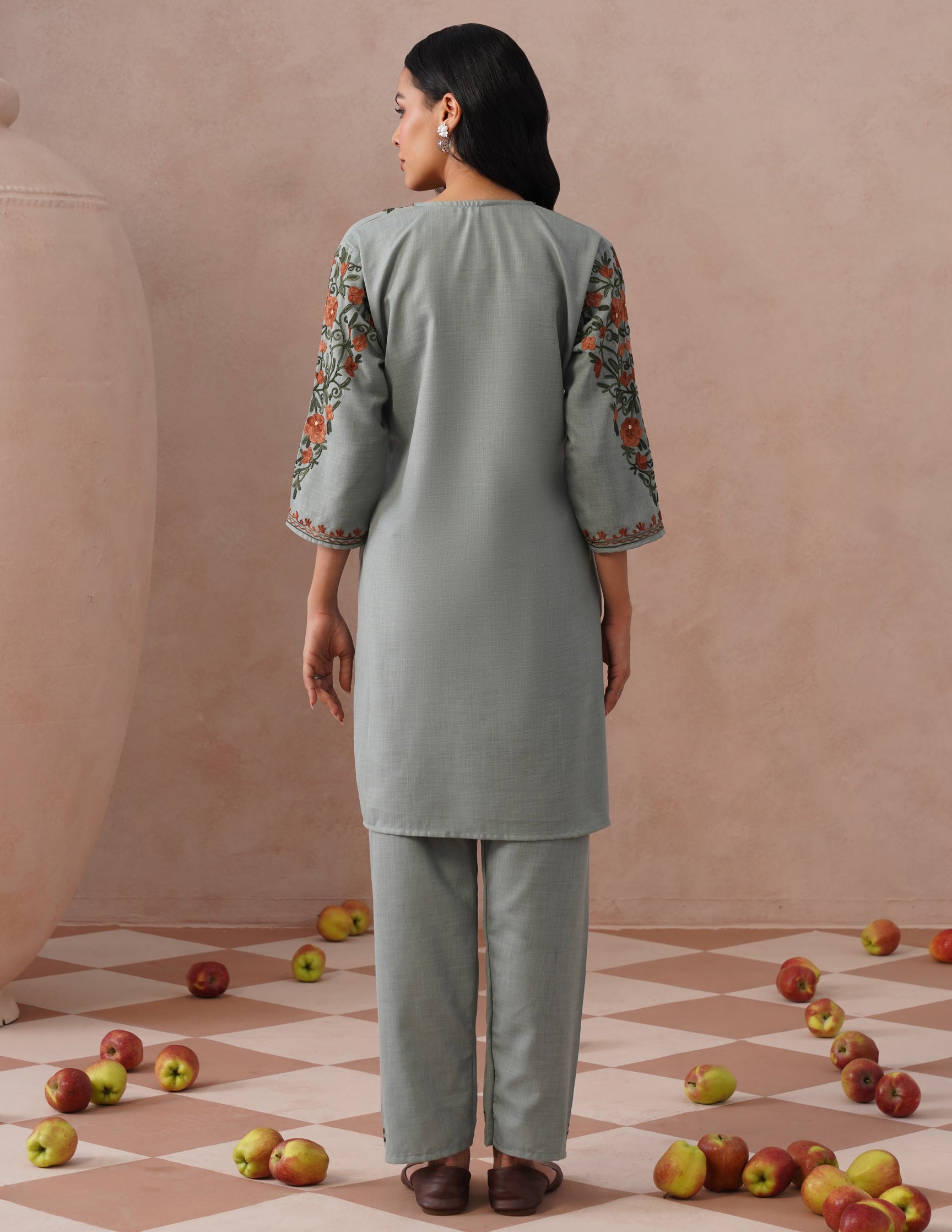 Light Blue Cotton Coordset – Green & Brown Earthy Embroidery | Everyday Ethnic Wear - Kashmir Box
