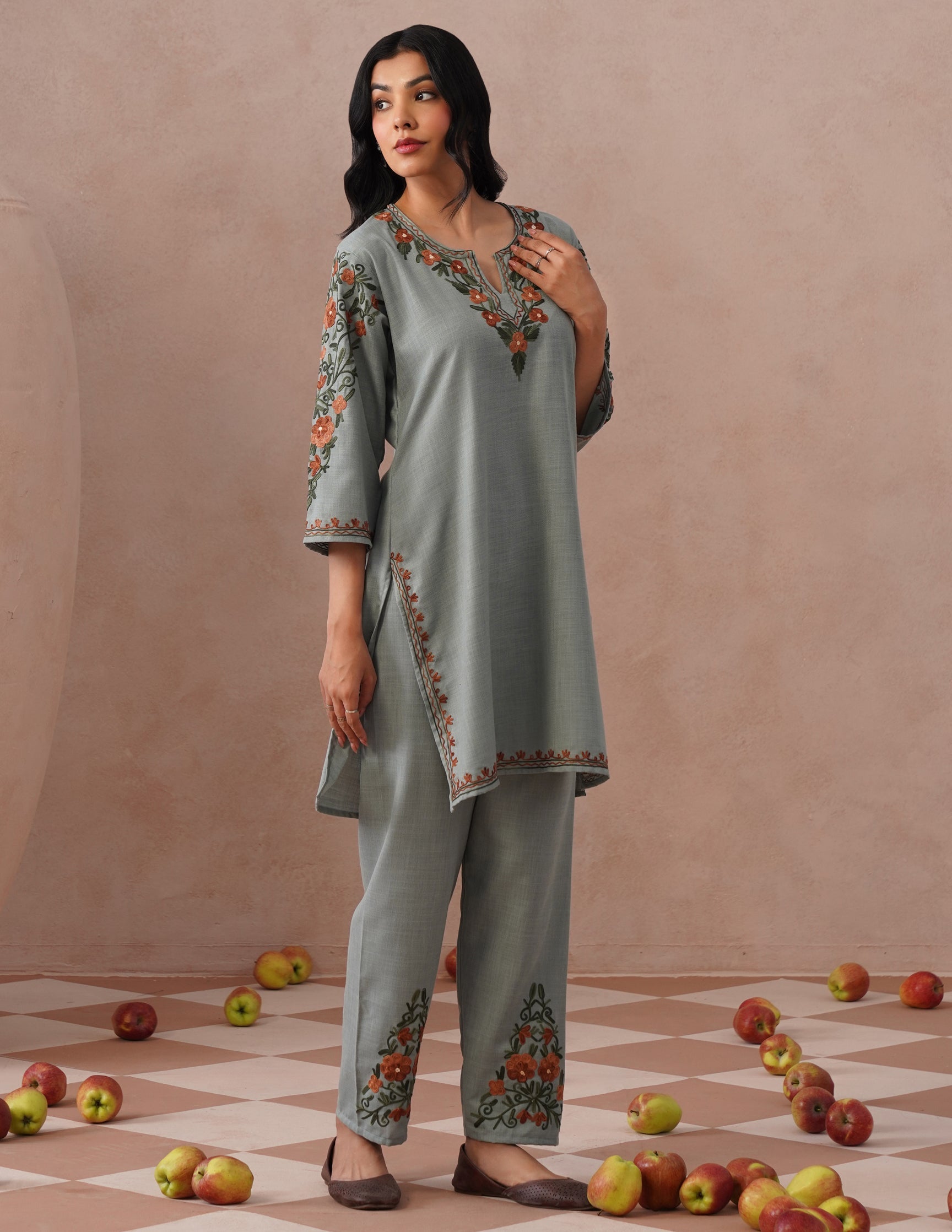 Light Blue Cotton Coordset – Green & Brown Earthy Embroidery | Everyday Ethnic Wear - Kashmir Box
