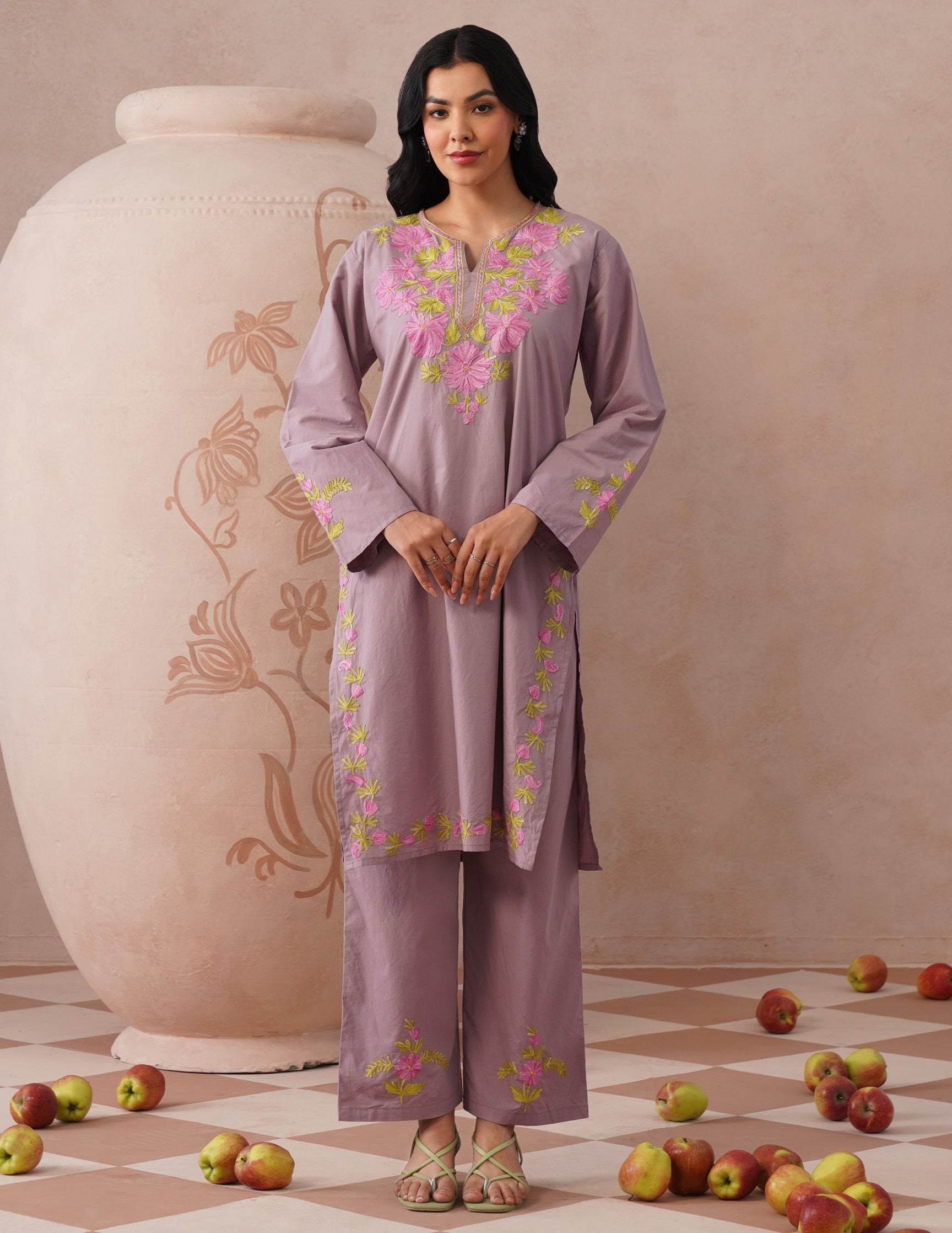 Mauve Poplin Coordset – Pink & Green Aari Embroidery | Feminine Ethnic Wear - Kashmir Box