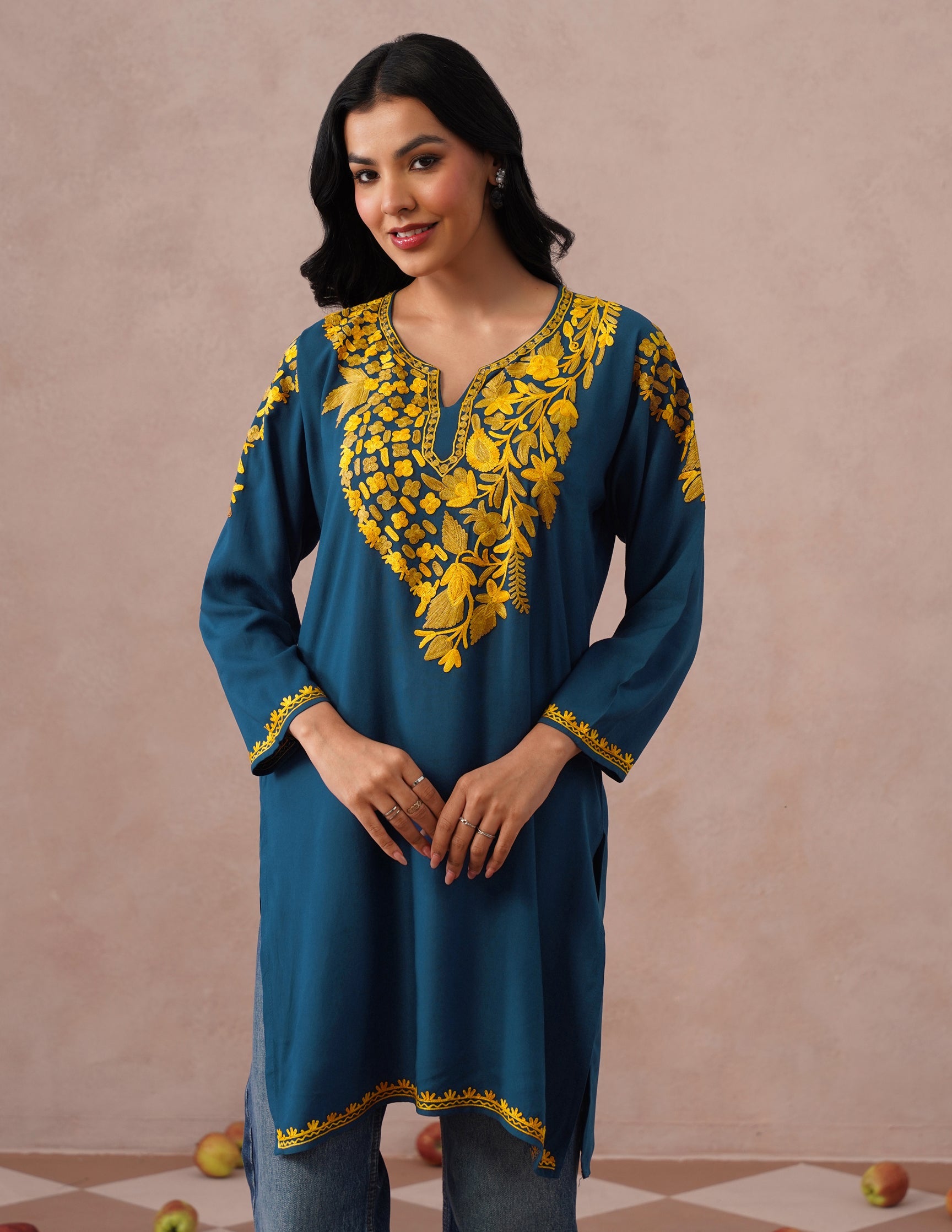 Blue Rayon Kurti – Light Brown & Yellow Earthy Embroidery | Daily Ethnic Wear - Kashmir Box