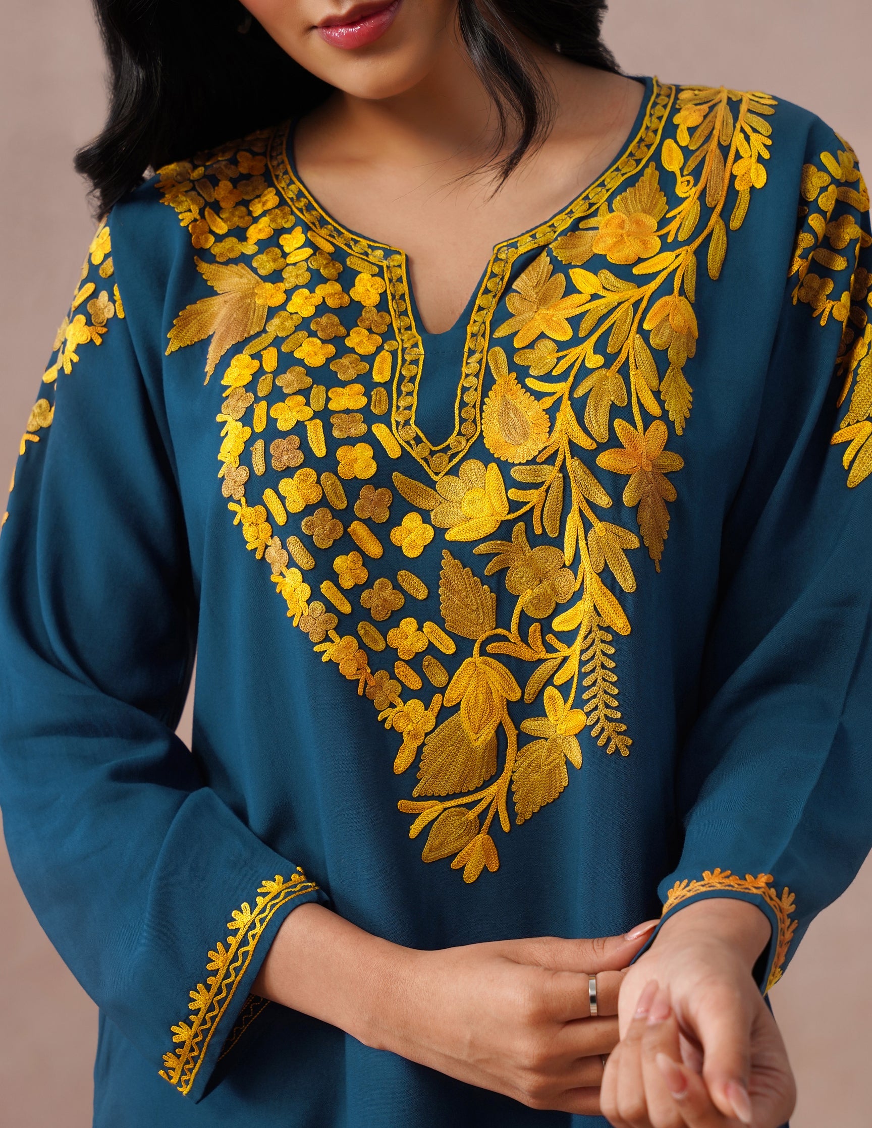 Blue Rayon Kurti – Light Brown & Yellow Earthy Embroidery | Daily Ethnic Wear - Kashmir Box