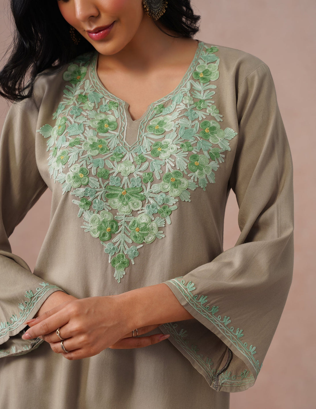 Mouse Grey Rayon Kurti – Green Aari Embroidery | Daily Wear Ethnic Kurti - Kashmir Box