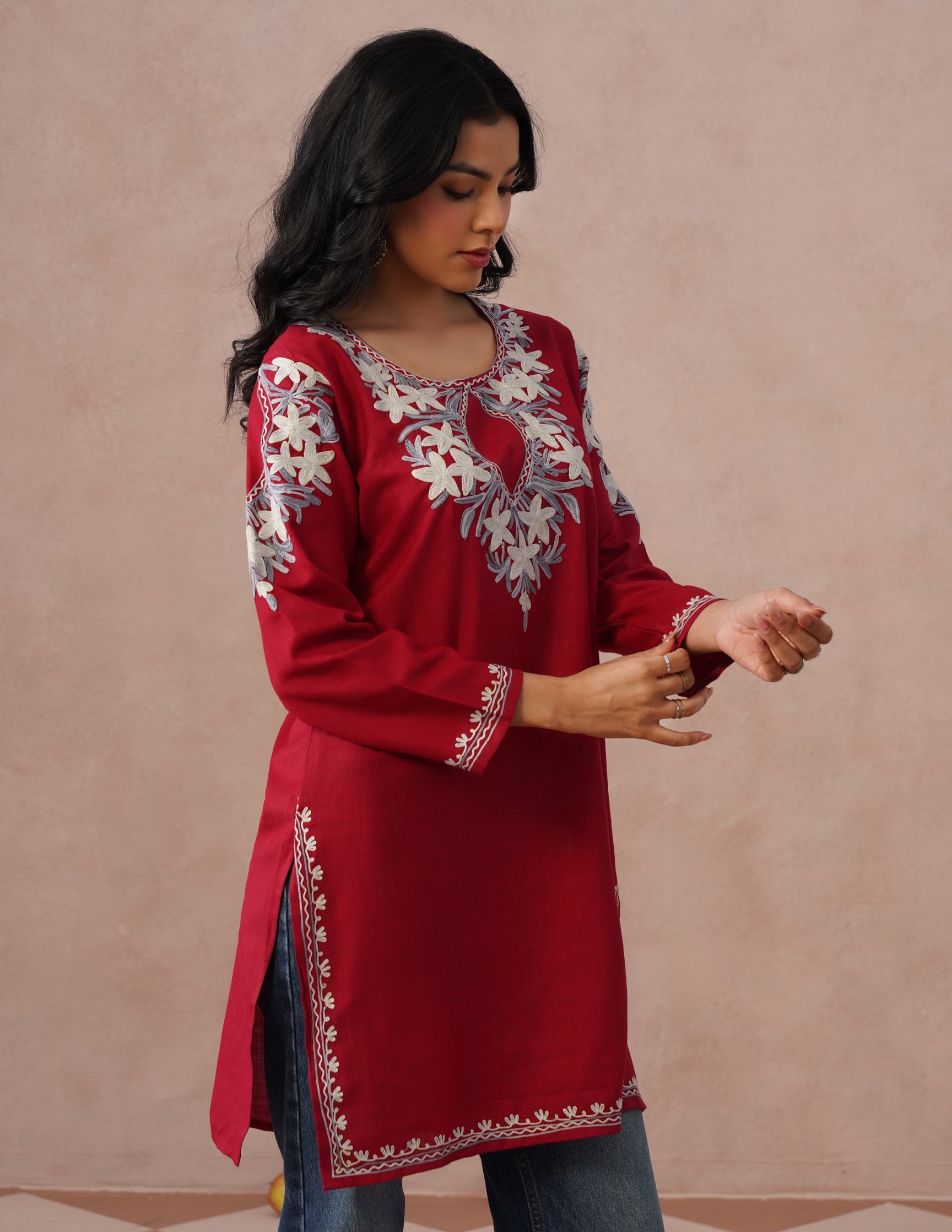 Blush Maroon Cotton Kurti – Grey & White Aari Embroidery | Office Ethnic Wear - Kashmir Box