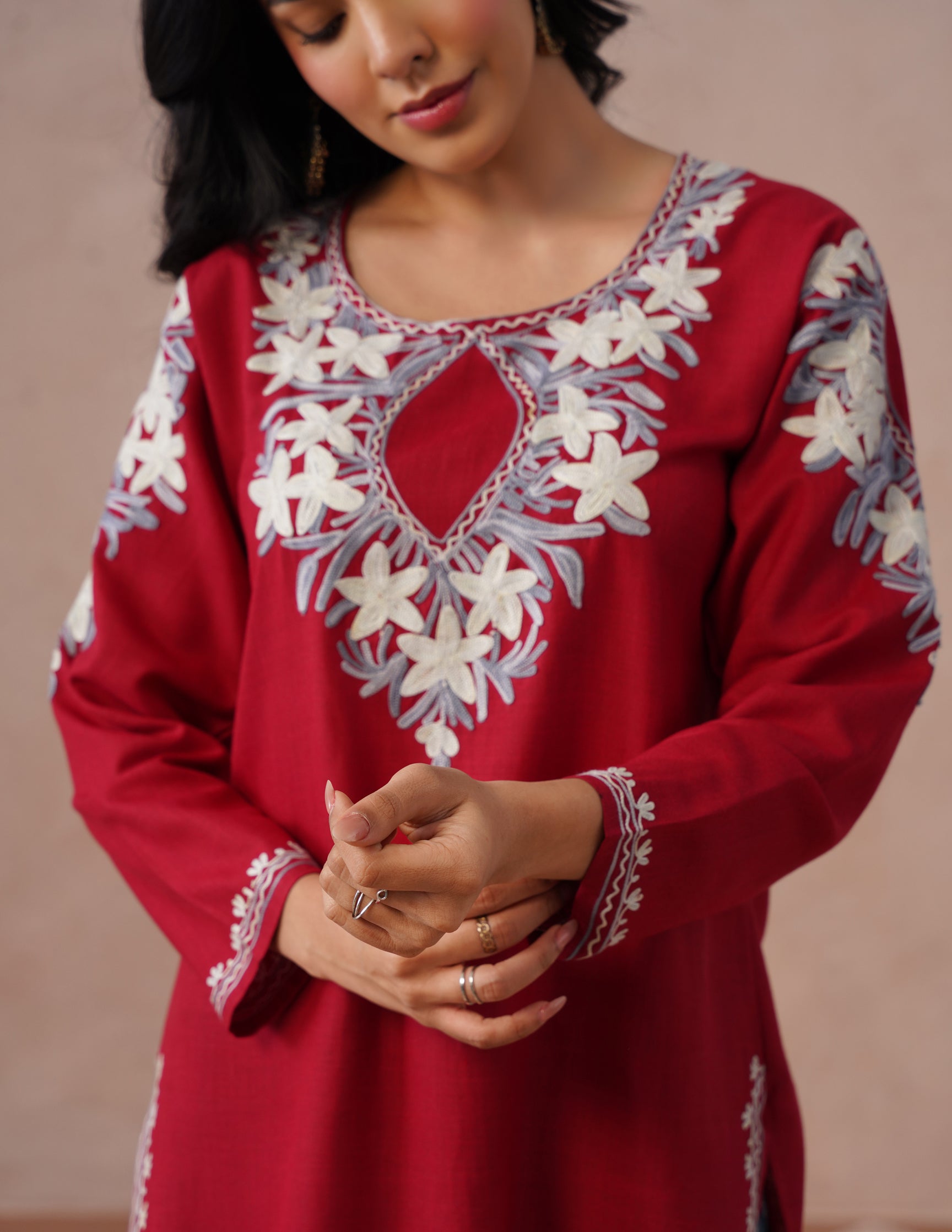 Blush Maroon Cotton Kurti – Grey & White Aari Embroidery | Office Ethnic Wear - Kashmir Box