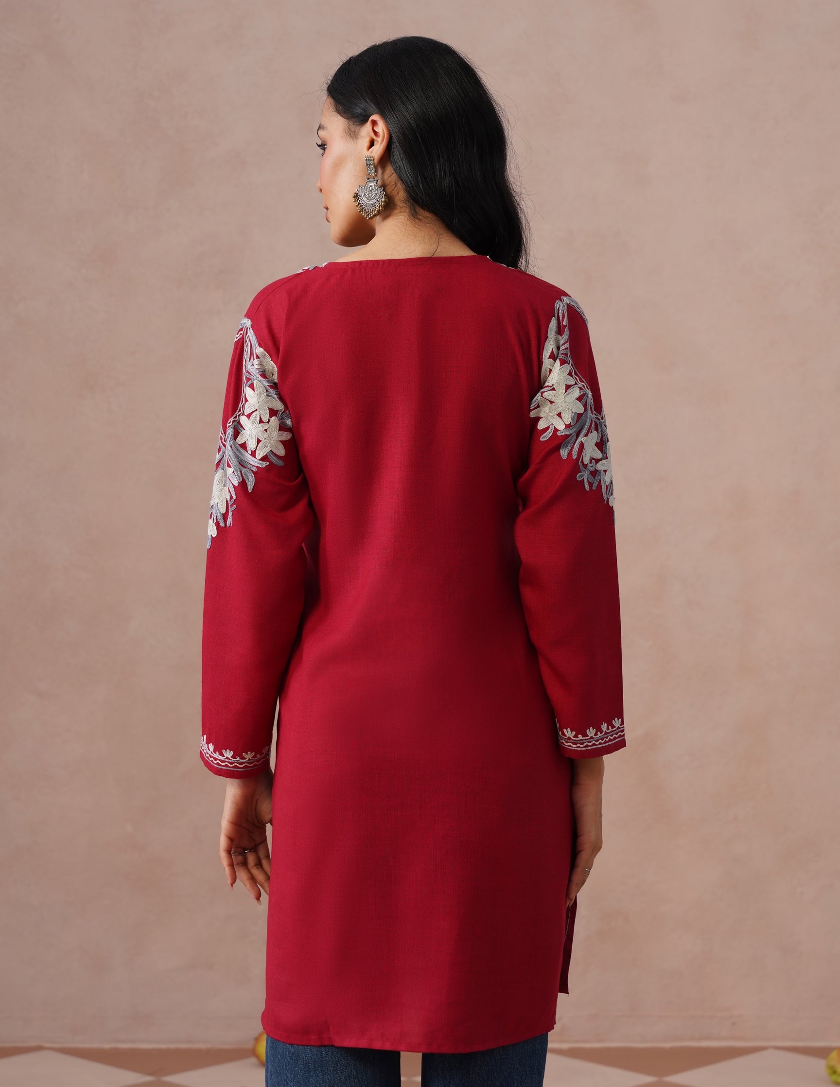 Blush Maroon Cotton Kurti – Grey & White Aari Embroidery | Office Ethnic Wear - Kashmir Box