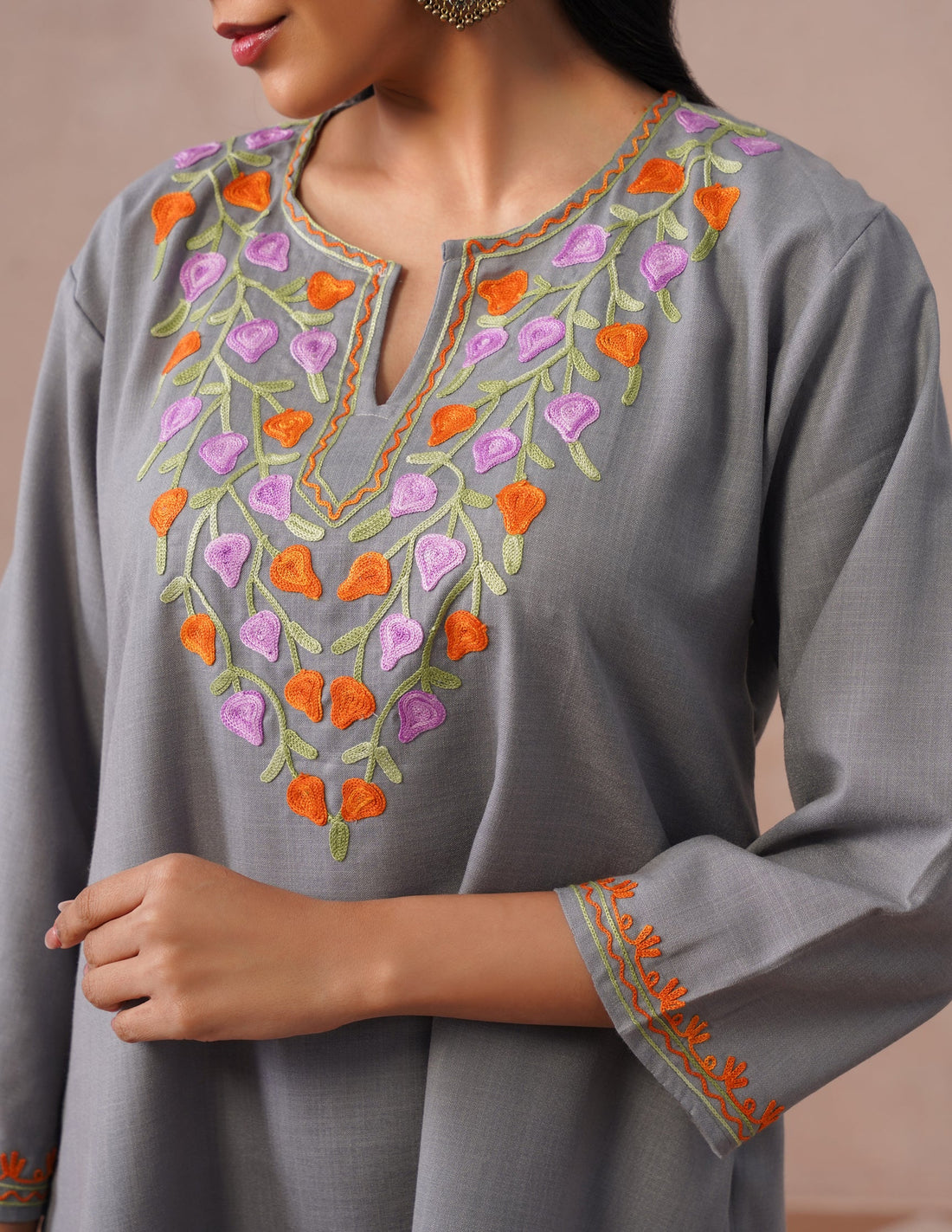 Grey Cotton Kurti – Multicolor Aari Embroidery | Office & Casual Ethnic Wear - Kashmir Box