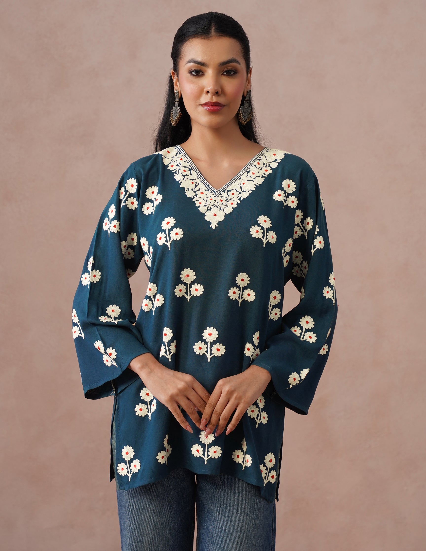 Blue Rayon Kurti – Light Blue & Red Dual Tone Embroidery | Office Ethnic Wear - Kashmir Box