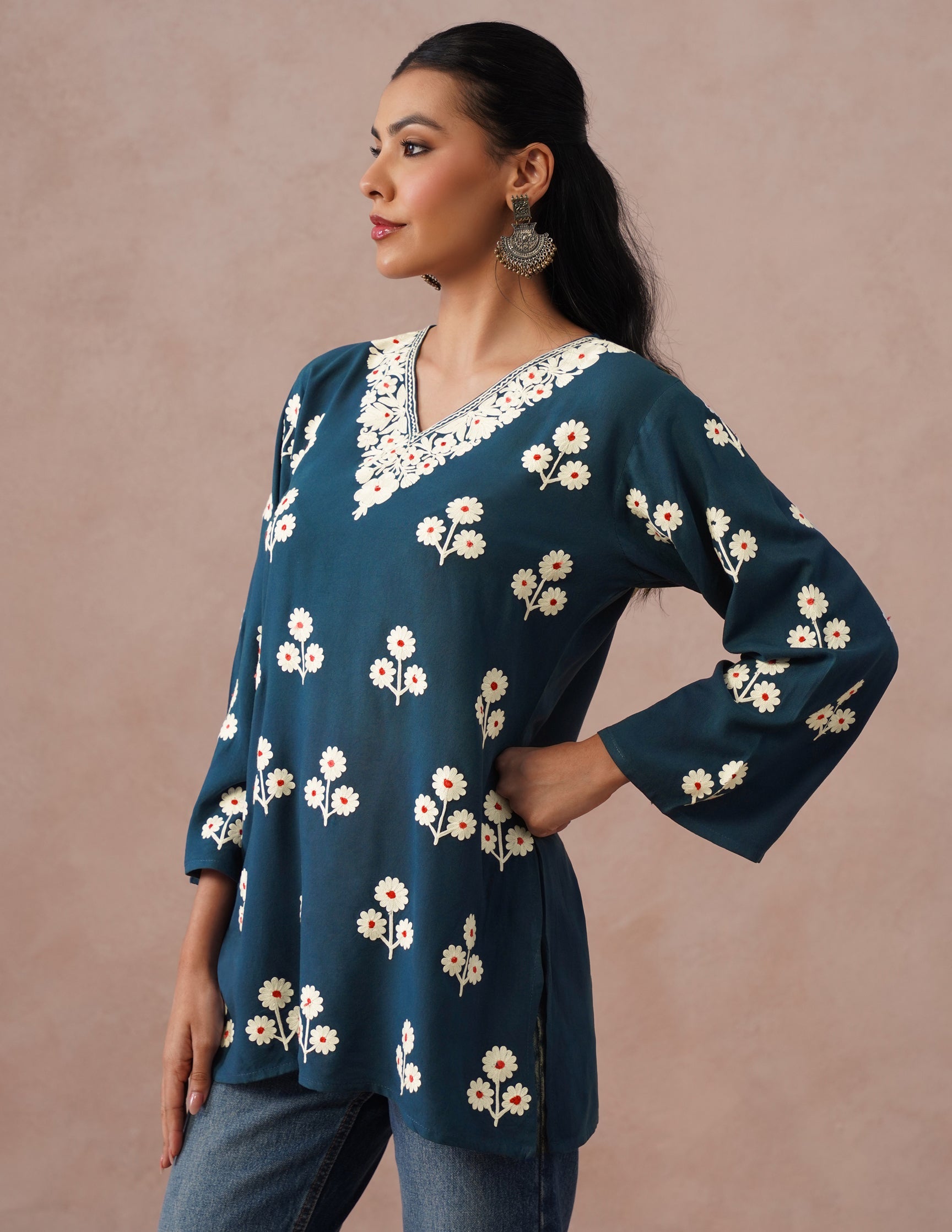 Blue Rayon Kurti – Light Blue & Red Dual Tone Embroidery | Office Ethnic Wear - Kashmir Box