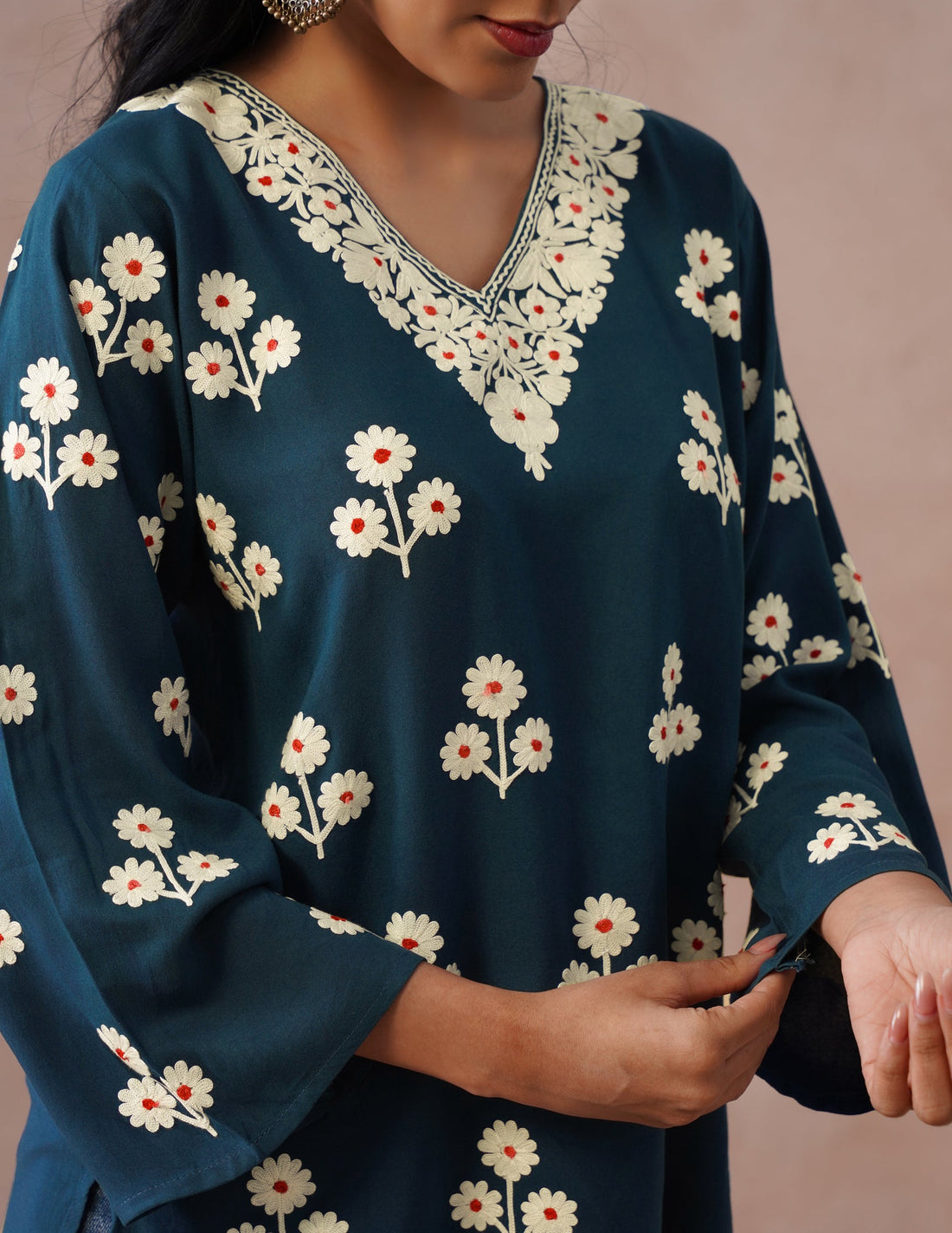 Blue Rayon Kurti – Light Blue & Red Dual Tone Embroidery | Office Ethnic Wear - Kashmir Box