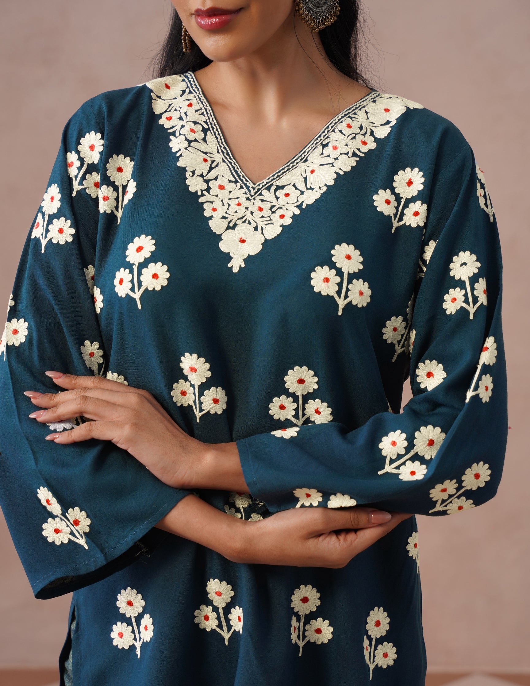 Blue Rayon Kurti – Light Blue & Red Dual Tone Embroidery | Office Ethnic Wear - Kashmir Box