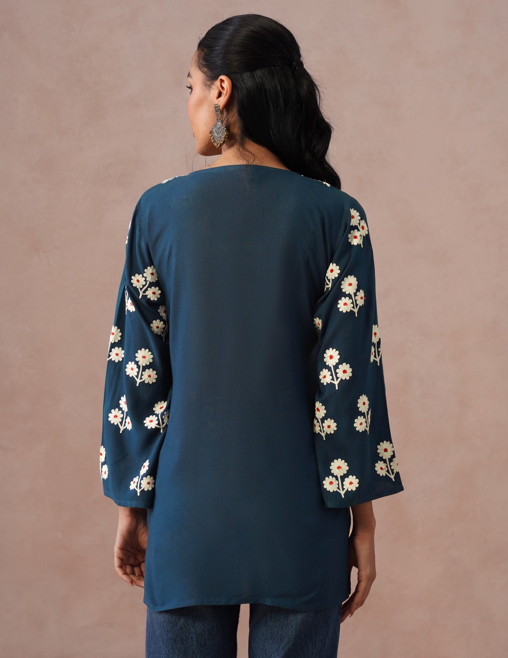 Blue Rayon Kurti – Light Blue & Red Dual Tone Embroidery | Office Ethnic Wear - Kashmir Box