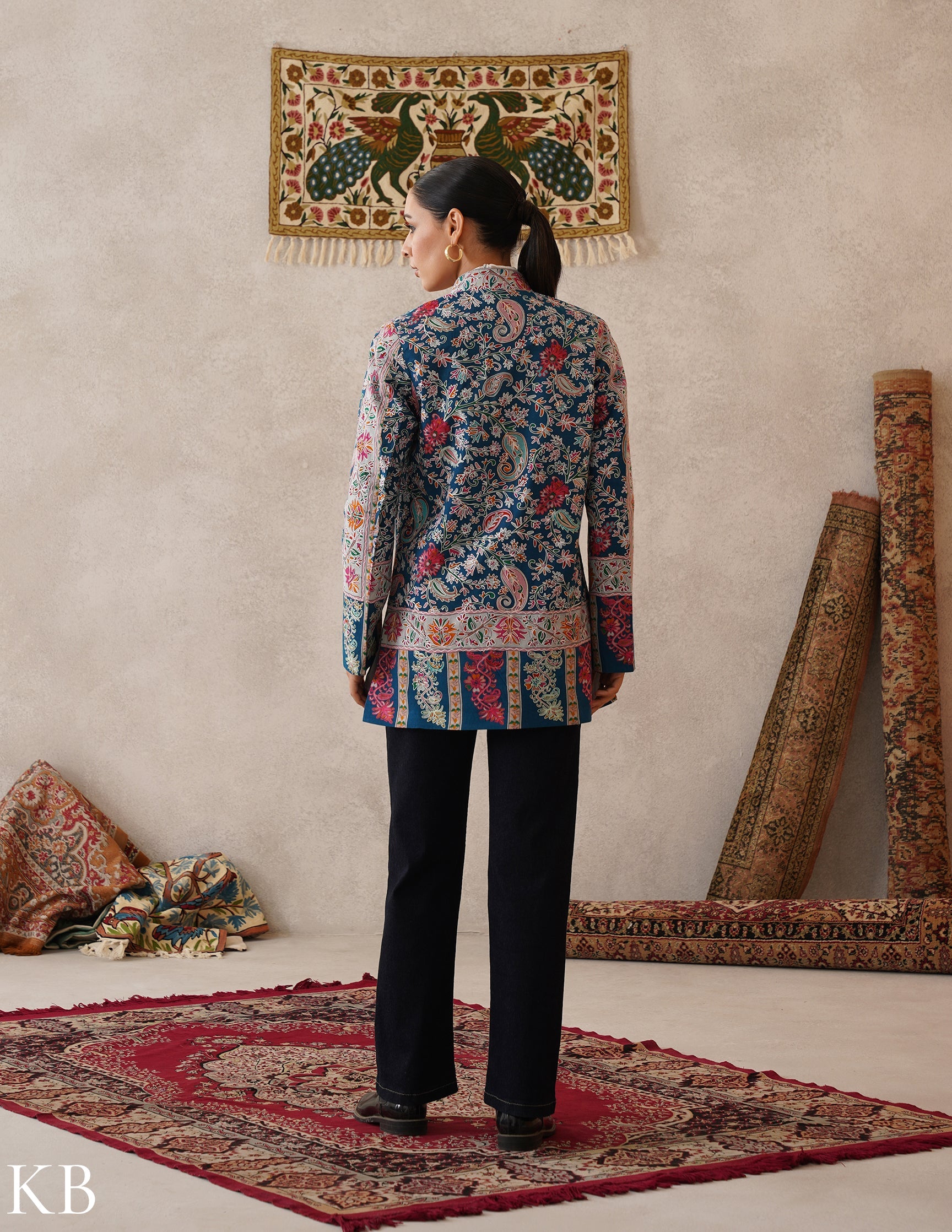 Nayaab Regal Blue Kashmiri Kalamkari Sozni Outlined Fine Wool Jacket