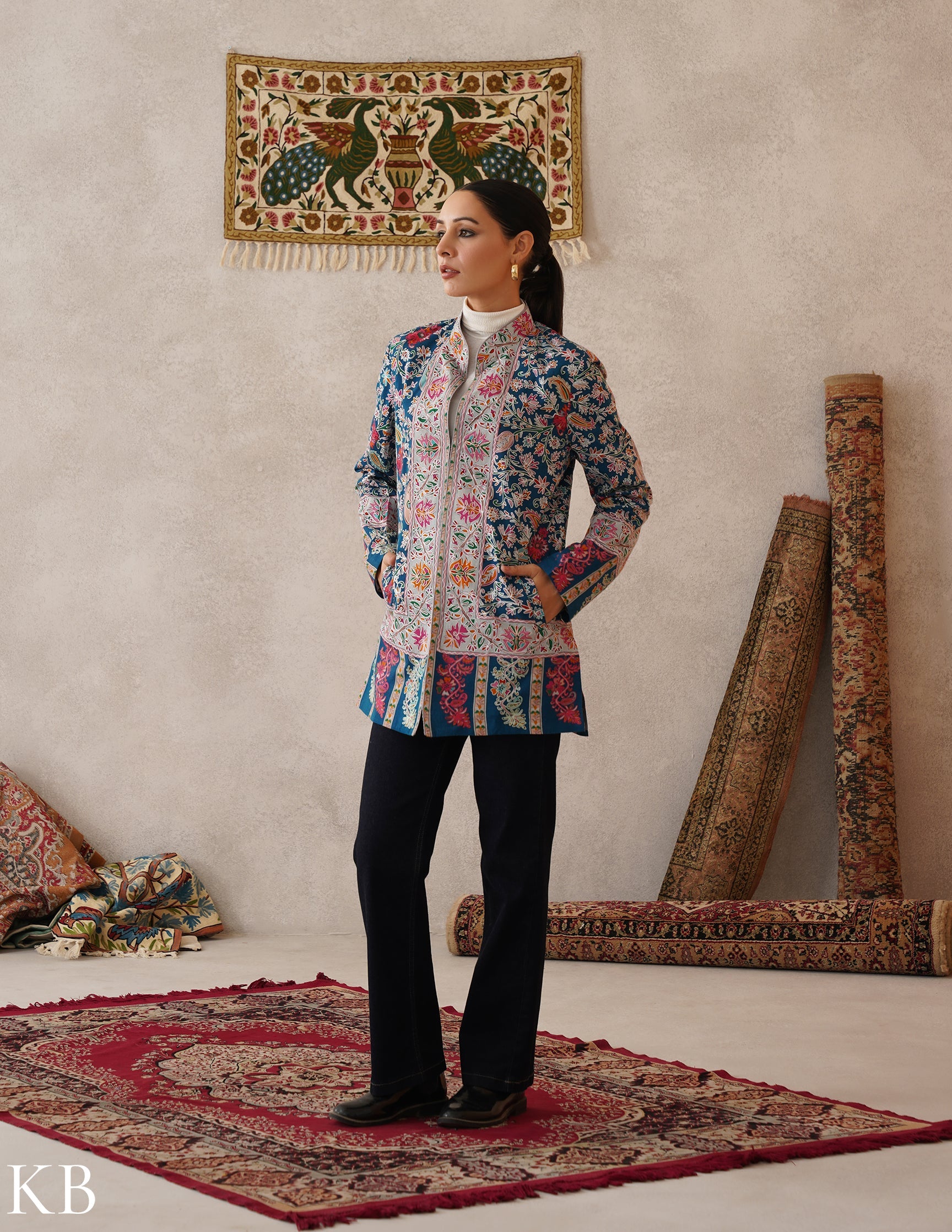 Nayaab Regal Blue Kashmiri Kalamkari Sozni Outlined Fine Wool Jacket - Kashmir Box