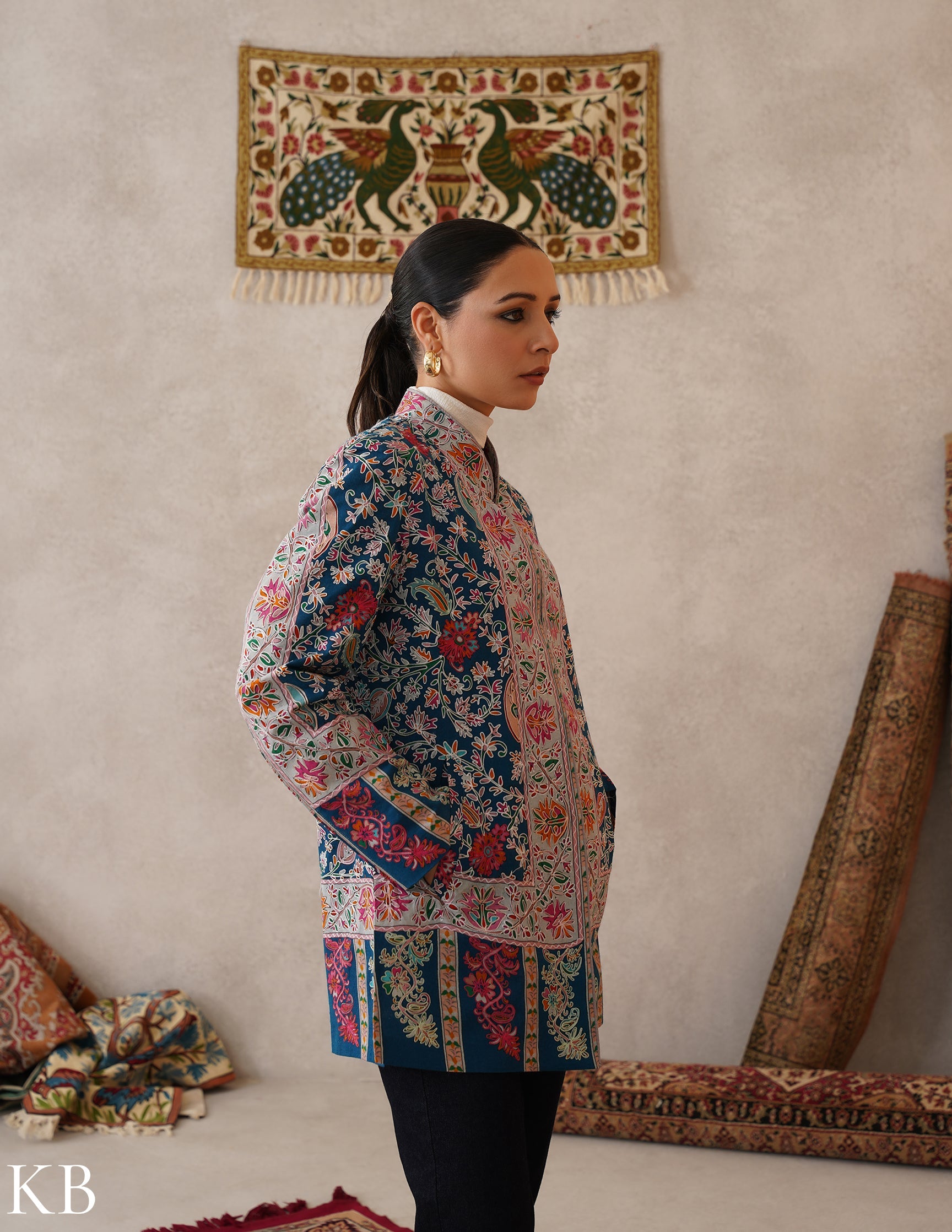 Nayaab Regal Blue Kashmiri Kalamkari Sozni Outlined Fine Wool Jacket