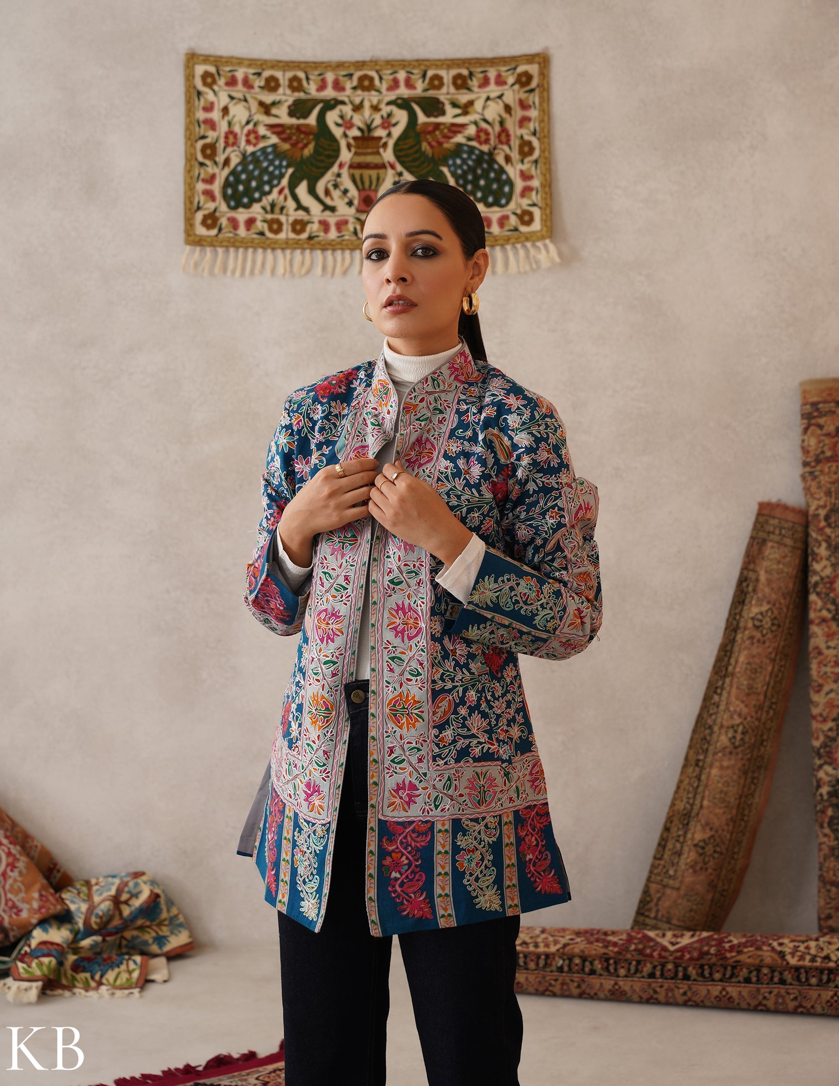 Nayaab Regal Blue Kashmiri Kalamkari Sozni Outlined Fine Wool Jacket