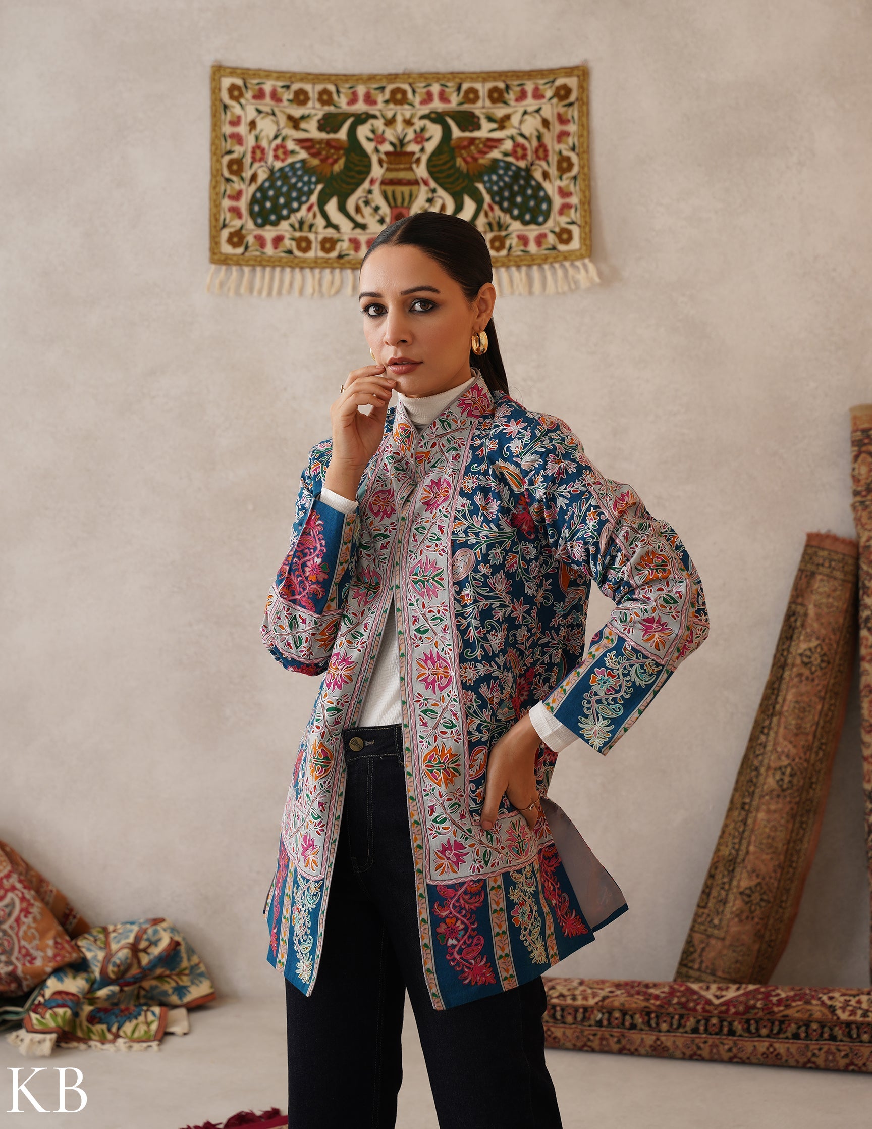 Nayaab Regal Blue Kashmiri Kalamkari Sozni Outlined Fine Wool Jacket - Kashmir Box