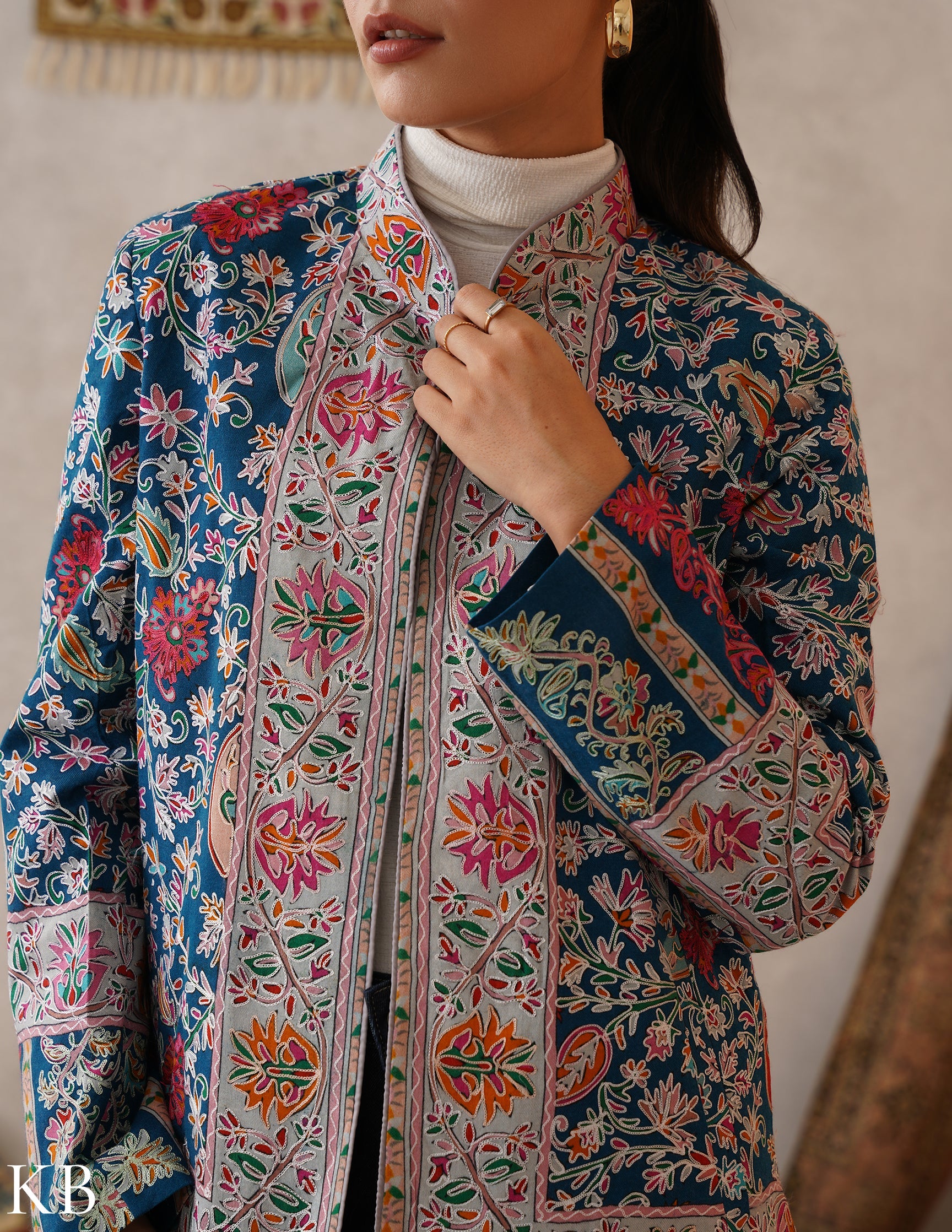 Nayaab Regal Blue Kashmiri Kalamkari Sozni Outlined Fine Wool Jacket - Kashmir Box
