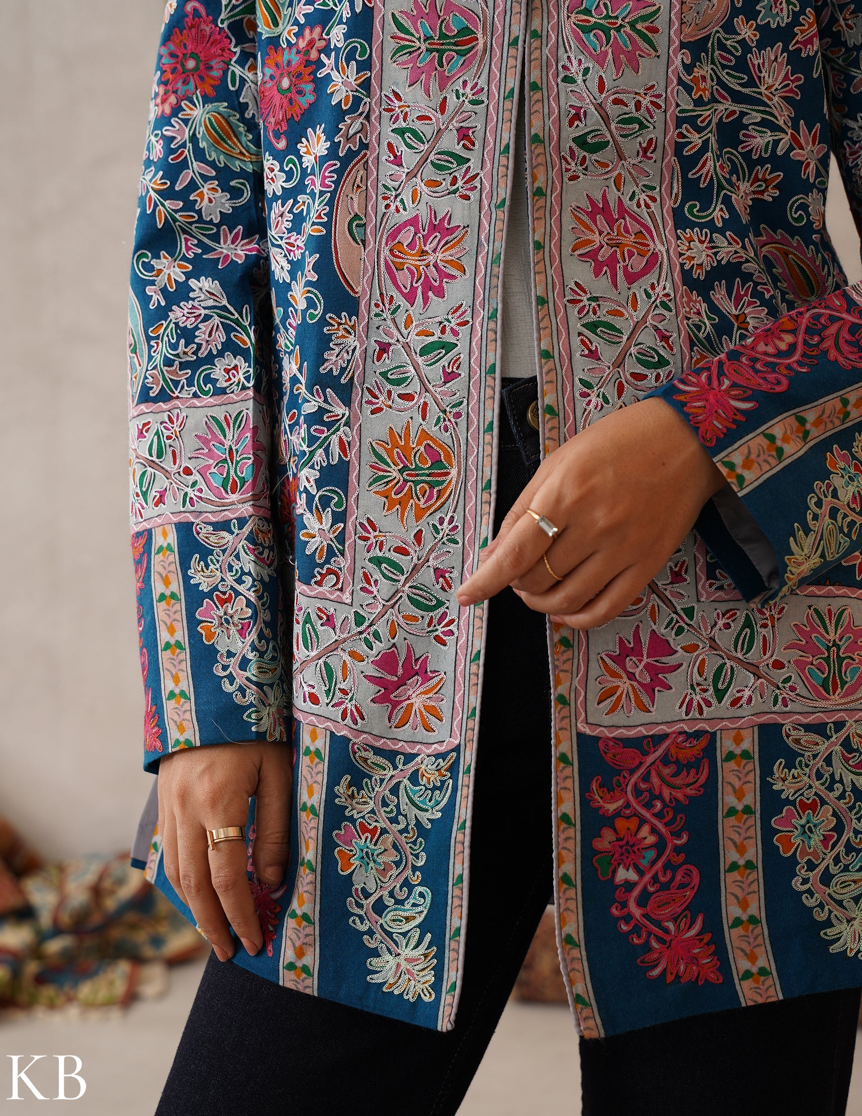 Nayaab Regal Blue Kashmiri Kalamkari Sozni Outlined Fine Wool Jacket