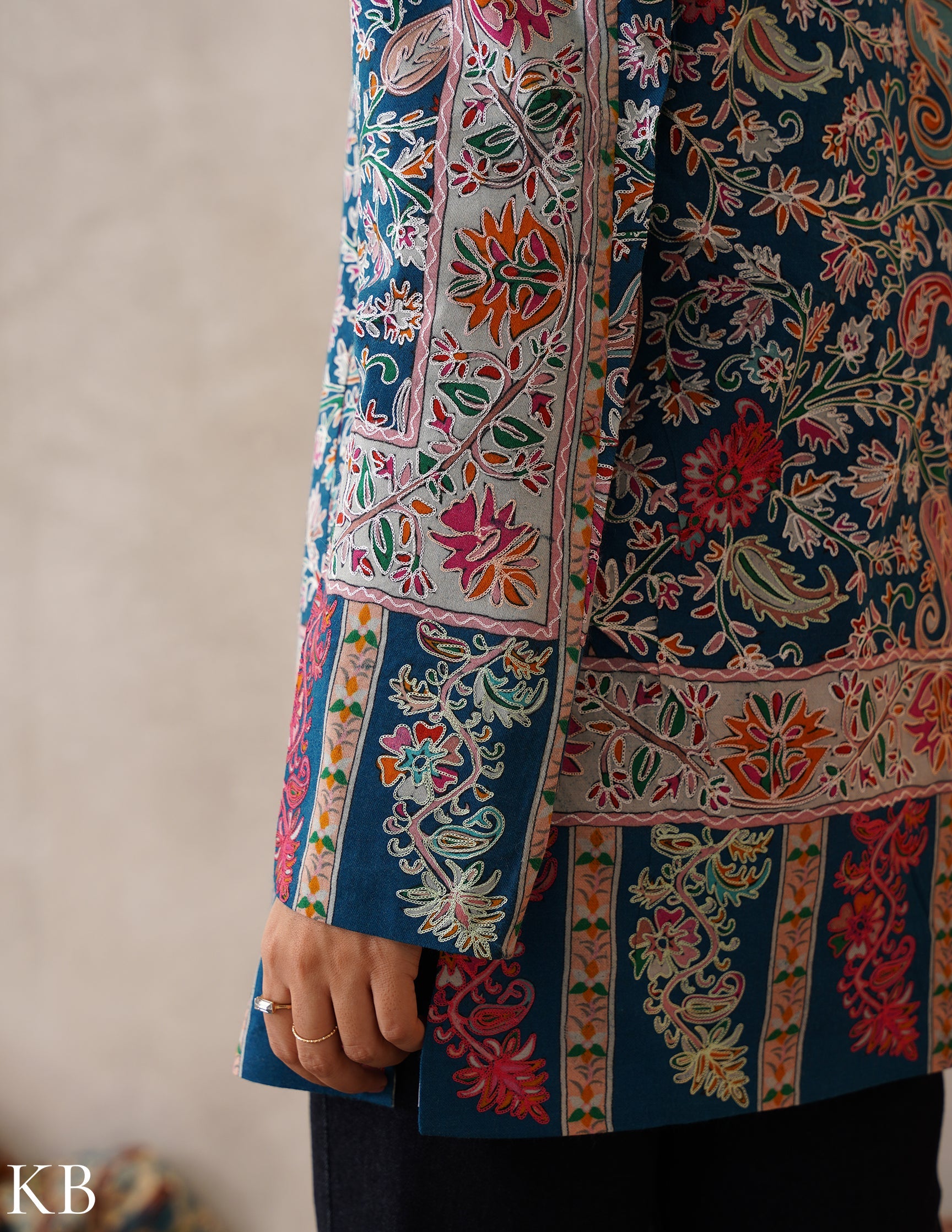 Nayaab Regal Blue Kashmiri Kalamkari Sozni Outlined Fine Wool Jacket