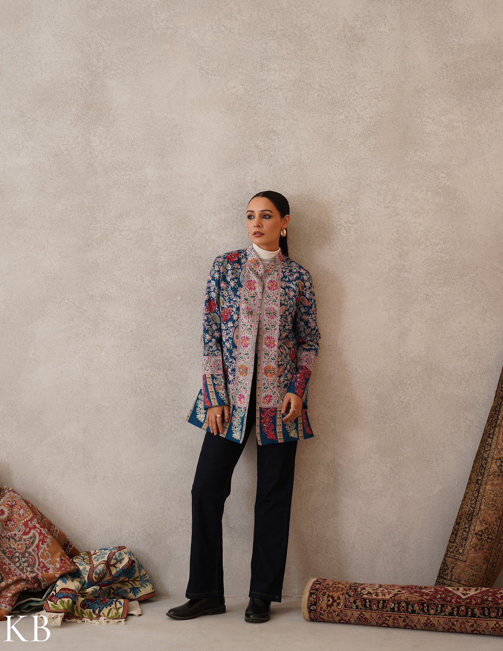 Nayaab Regal Blue Kashmiri Kalamkari Sozni Outlined Fine Wool Jacket