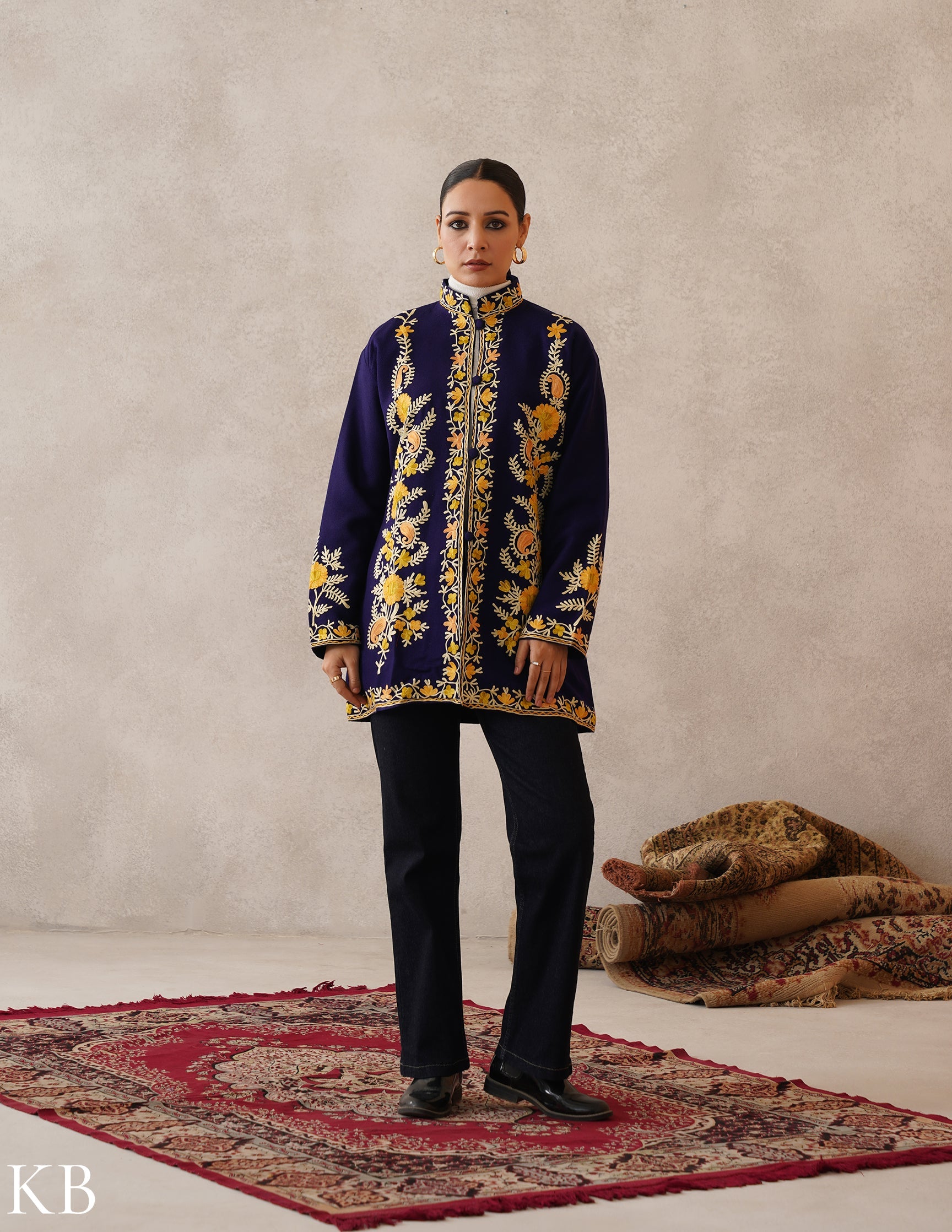 Nayaab Dark Royal Blue Kashmiri Aari Cashmilon Jacket - Kashmir Box