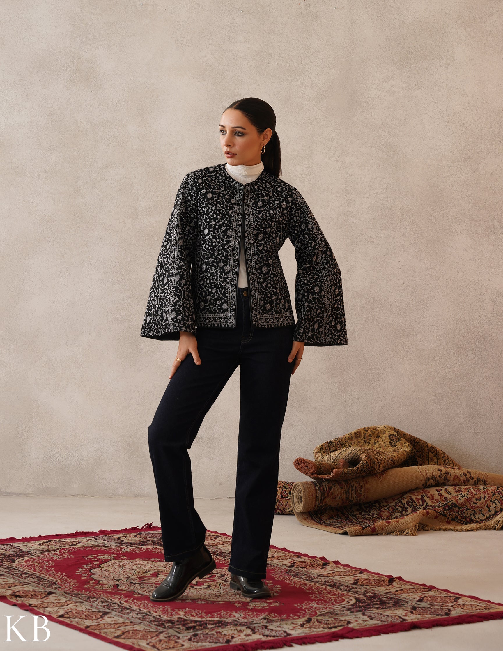 Nayaab Classic Black Kashmiri Sozni Fine Wool Cape Jacket - Kashmir Box