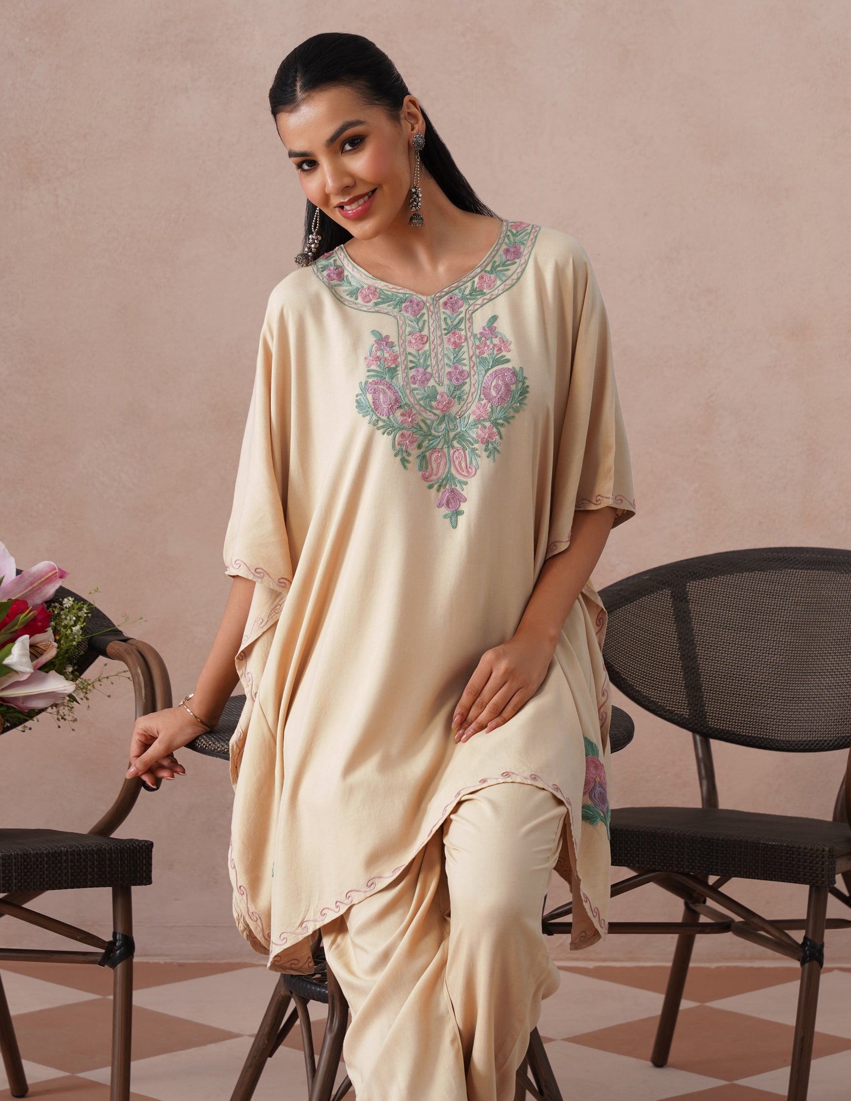 Fawn Rayon Kaftan Set – Multicolor Aari Embroidery | Neutral Everyday Ethnic Wear - Kashmir Box