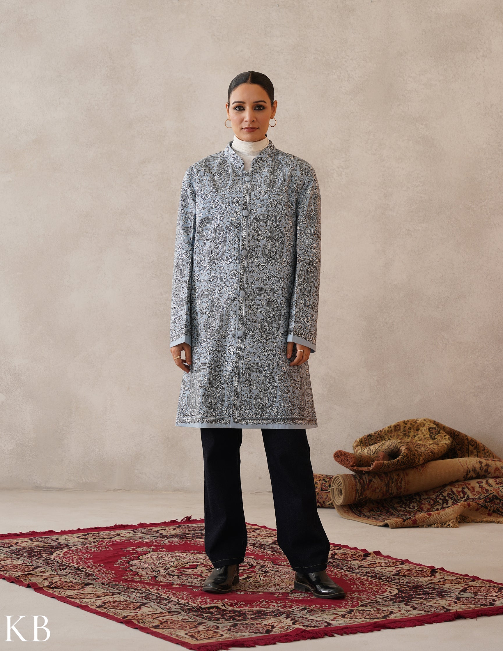Nayaab Columbia Blue Kashmiri Sozni Embroidered Fine Wool Long Jacket
