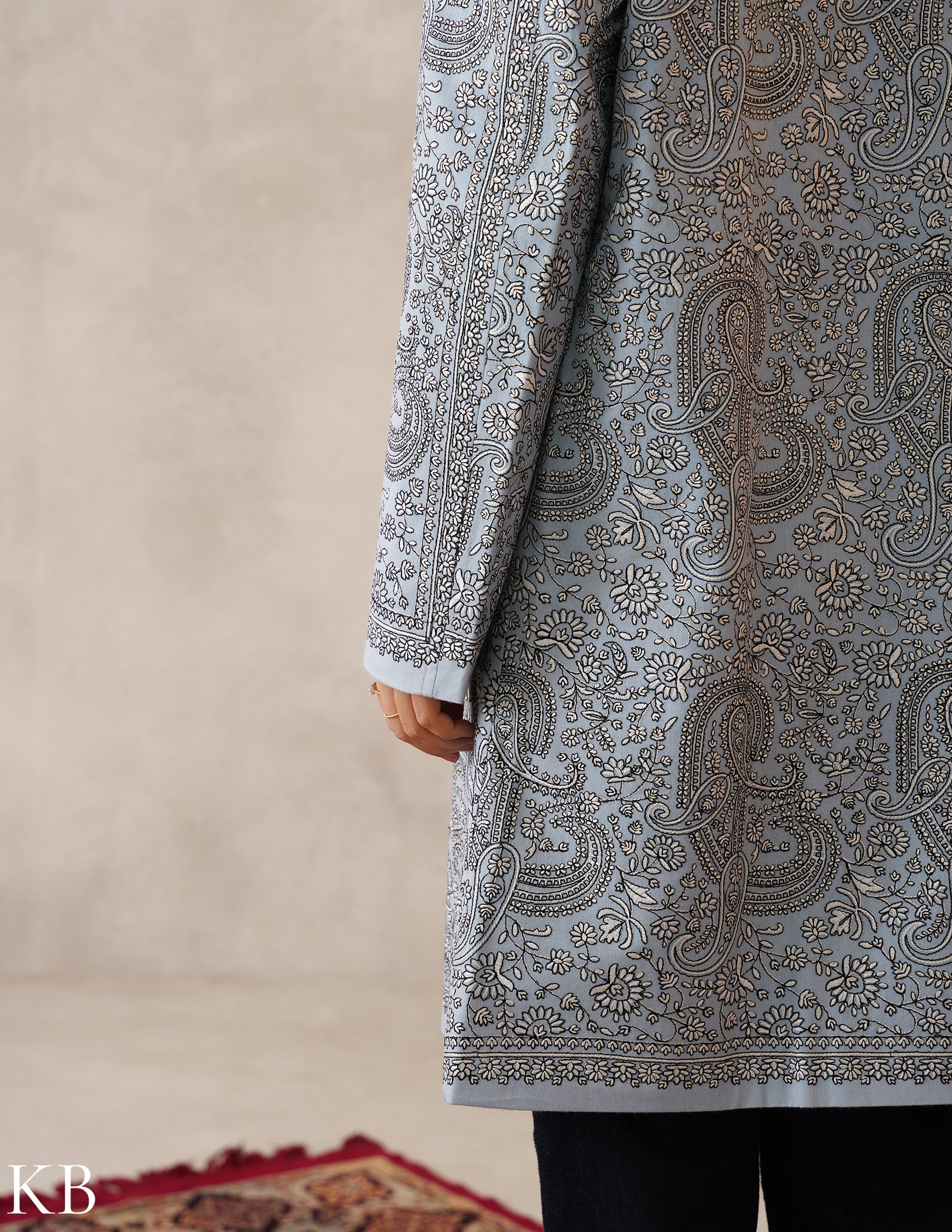 Nayaab Columbia Blue Kashmiri Sozni Embroidered Fine Wool Long Jacket