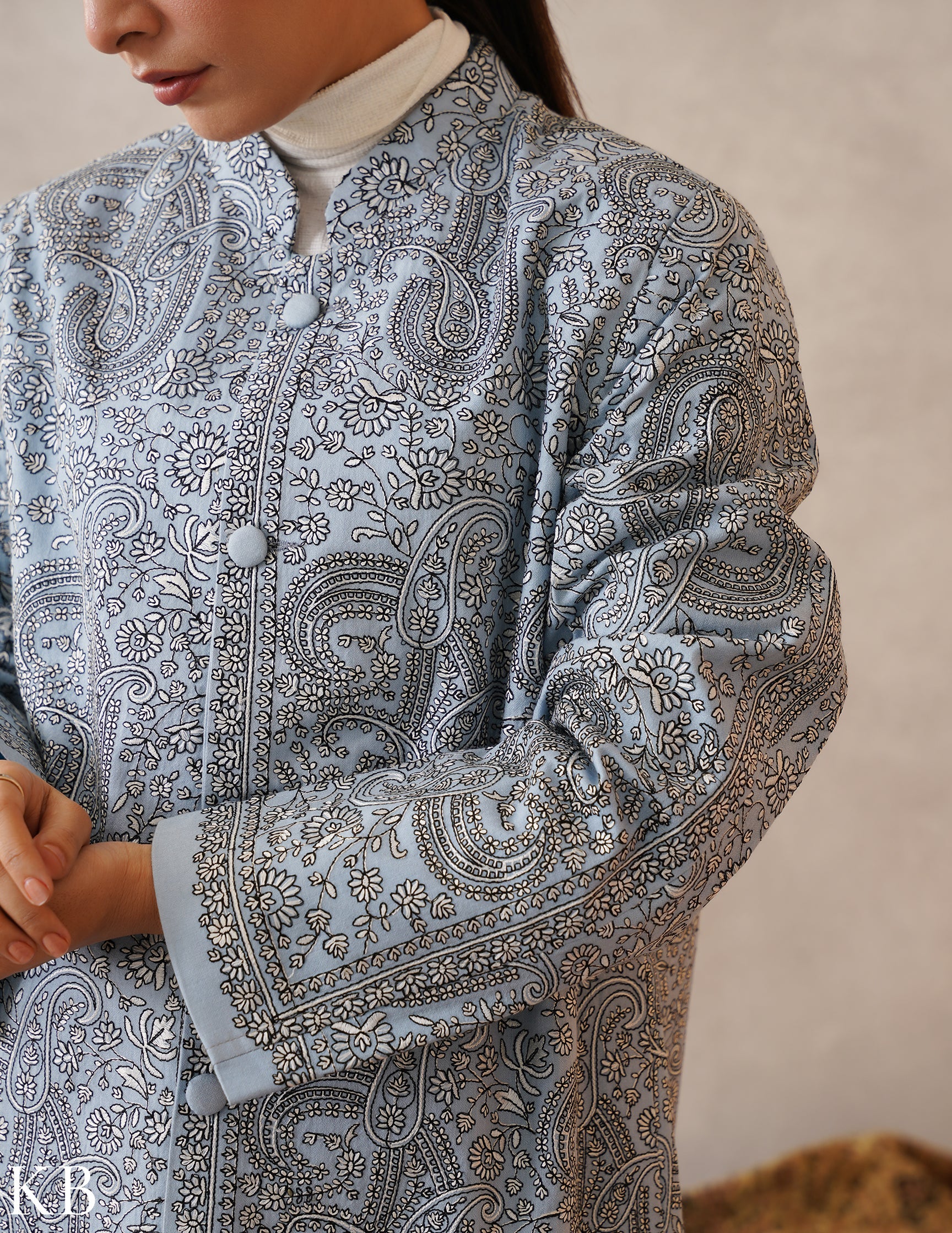 Nayaab Columbia Blue Kashmiri Sozni Embroidered Fine Wool Long Jacket