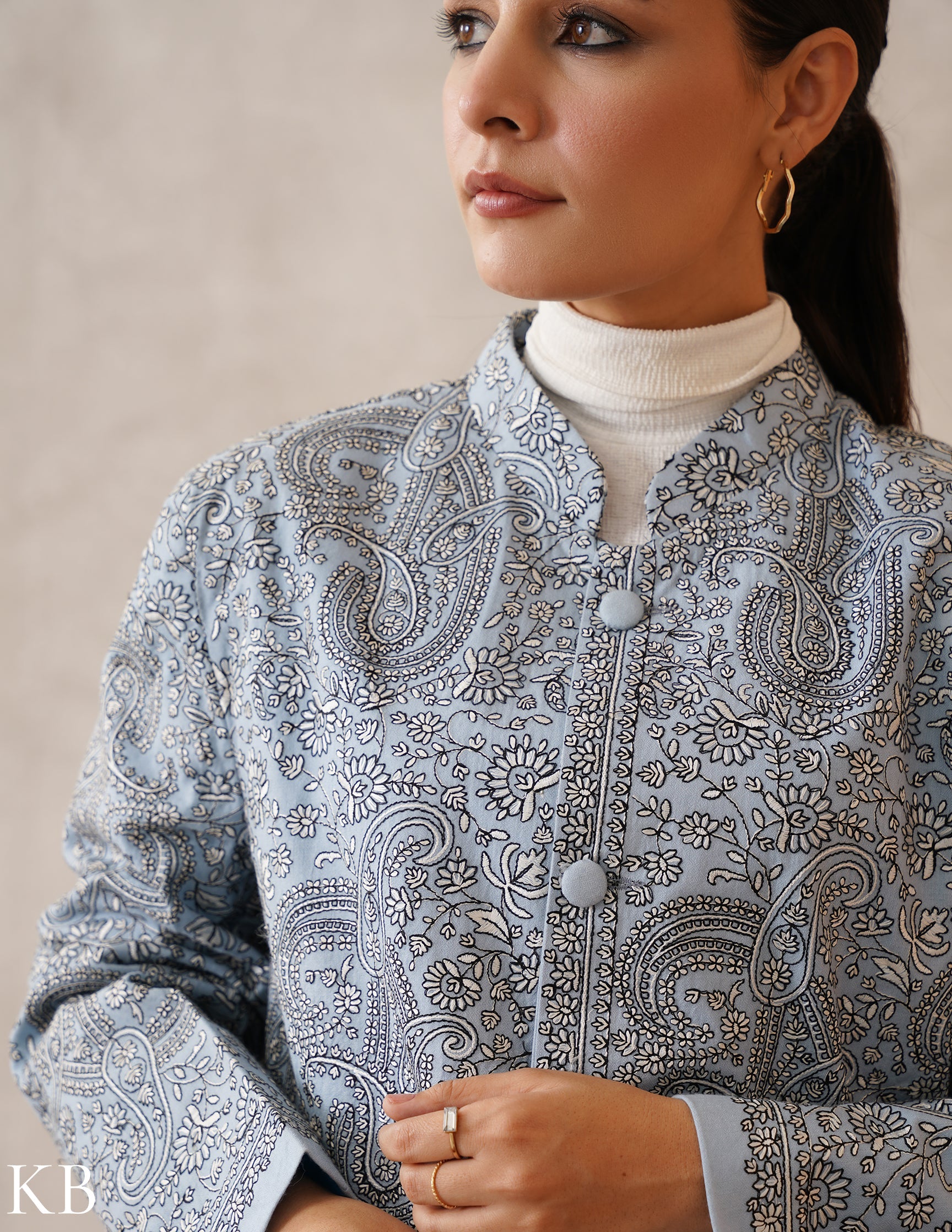 Nayaab Columbia Blue Kashmiri Sozni Embroidered Fine Wool Long Jacket
