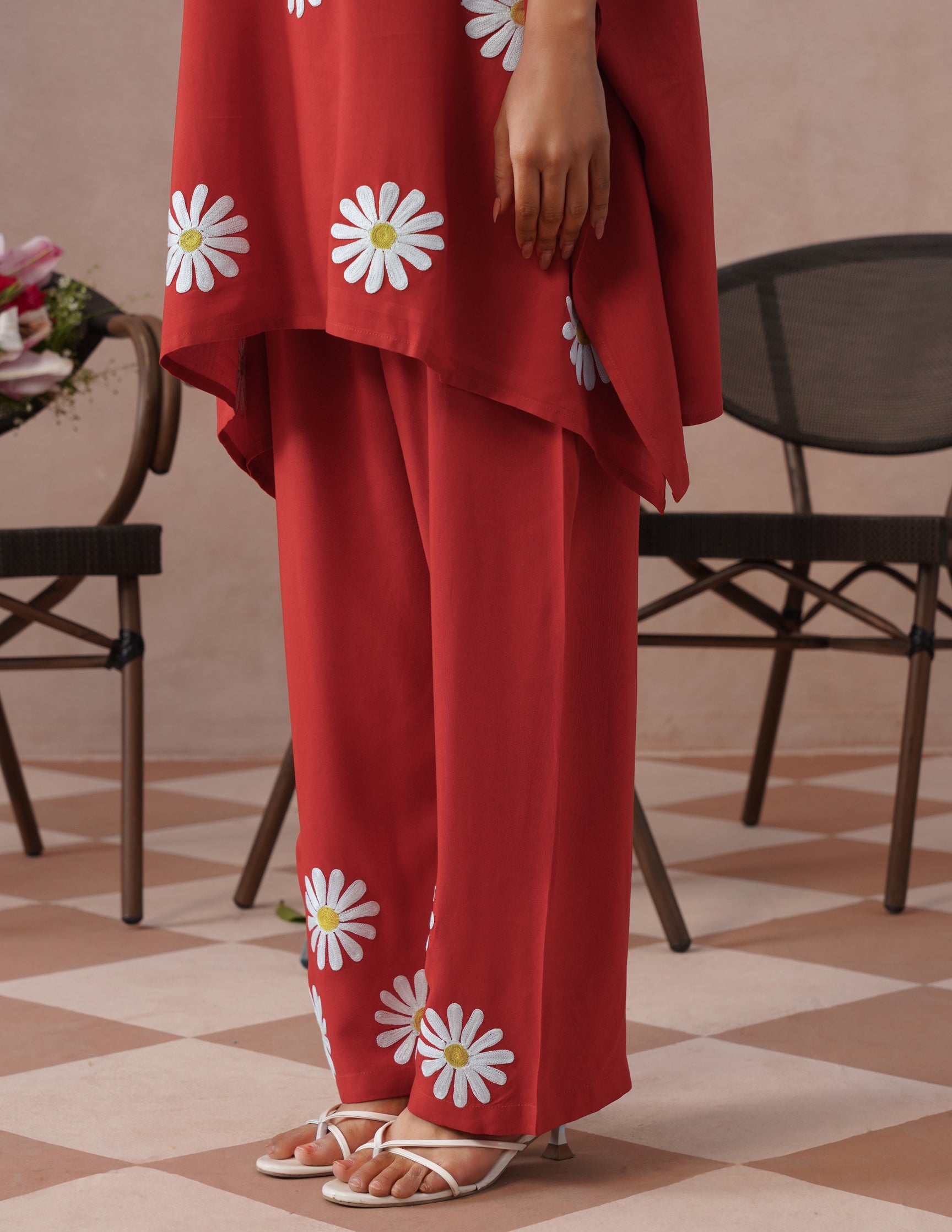 Blush Maroon Rayon Kaftan Set – White Aari Embroidery | Elegant Comfort Wear - Kashmir Box