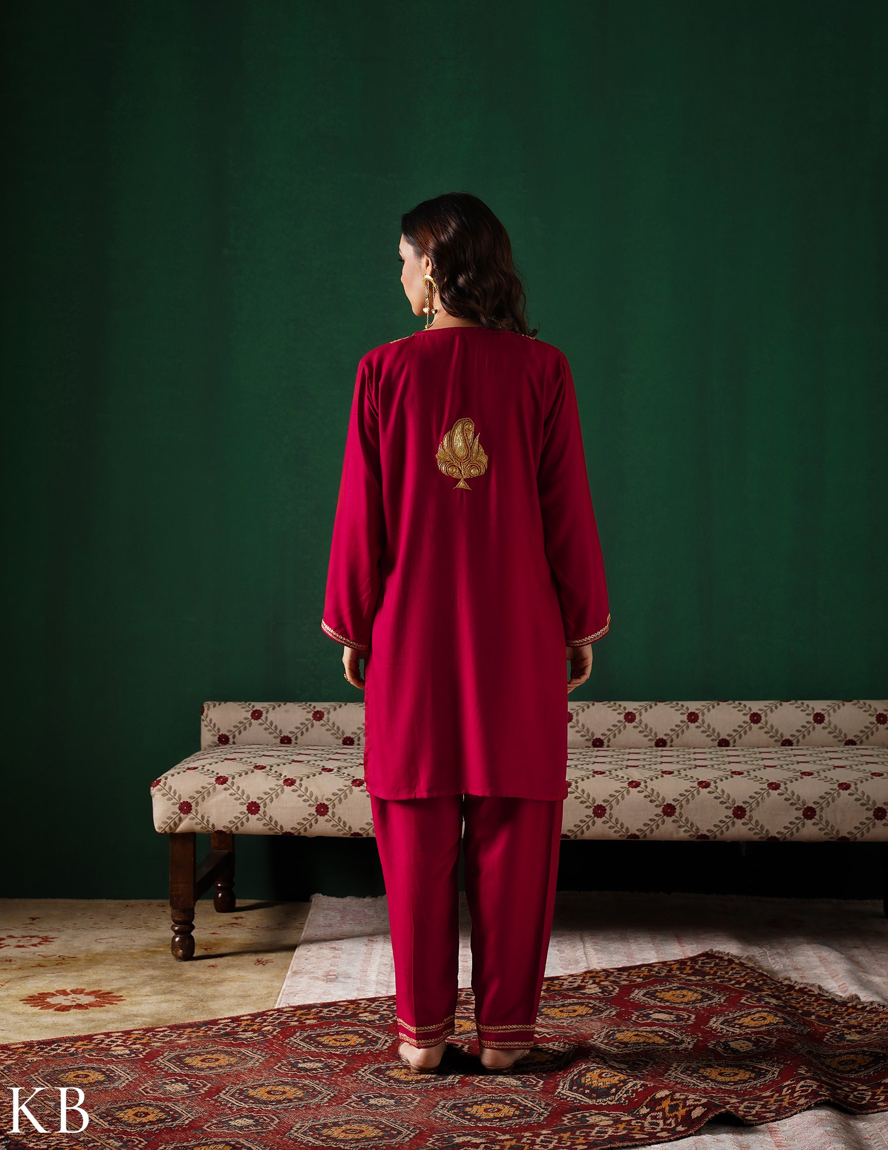Kashmiri Golden Boti Tilla Embroidered Woollen Coordset – Maroon | Handcrafted Heritage