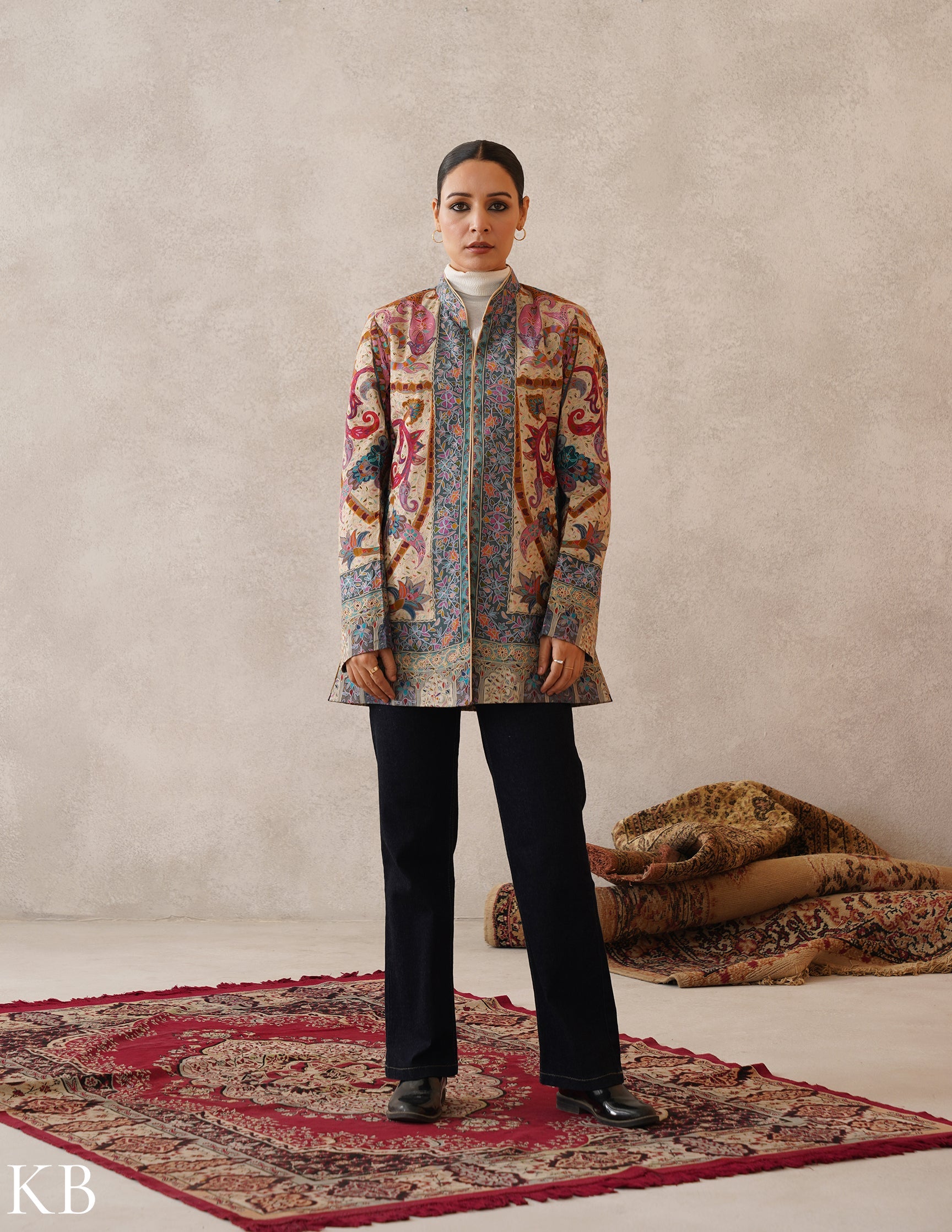 Nayaab Multicolour Kalamkari Print Sozni Outlined Fine Wool Jacket - Kashmir Box