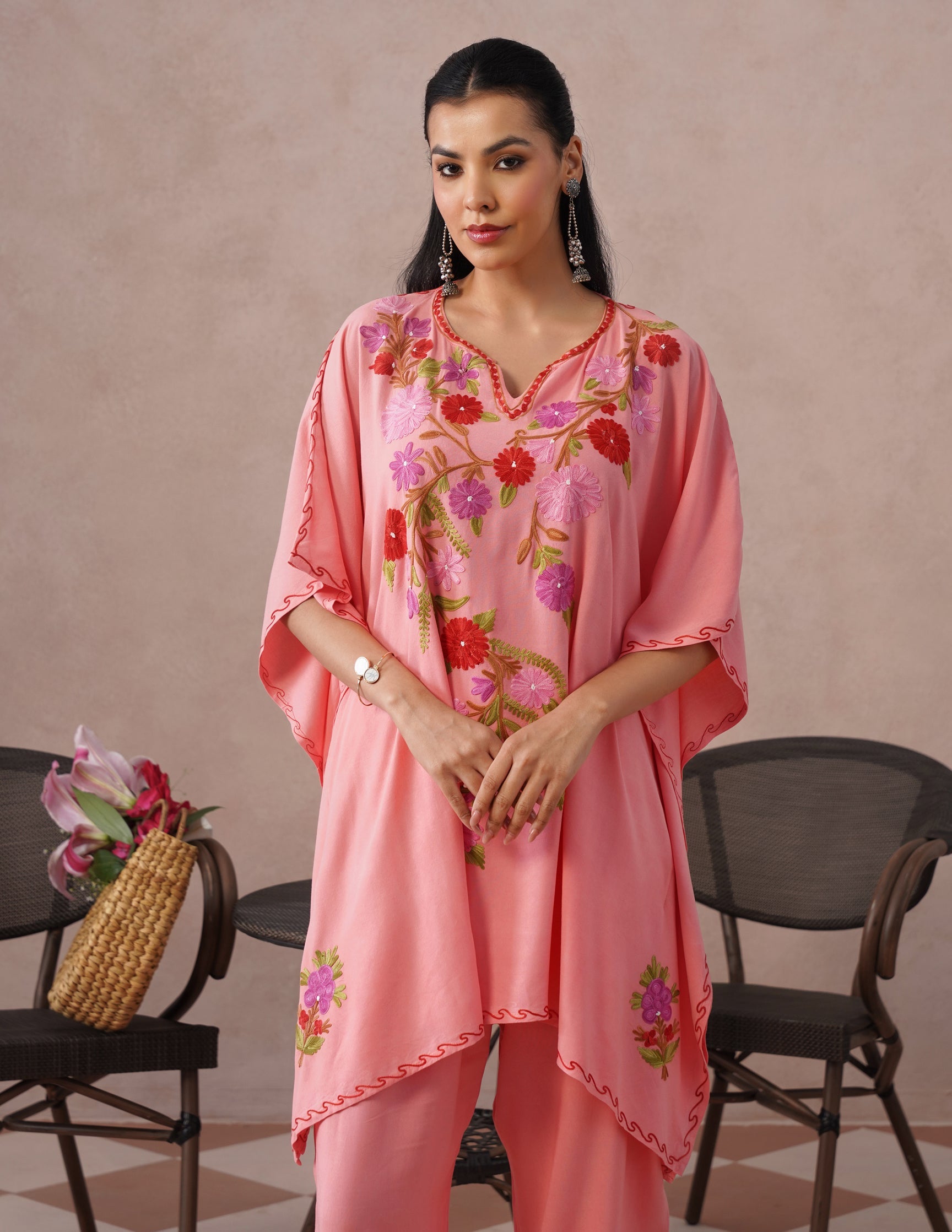 Pink Rayon Kaftan Set – Multicolor Aari Embroidery | Comfortable Casual Ethnic Wear - Kashmir Box