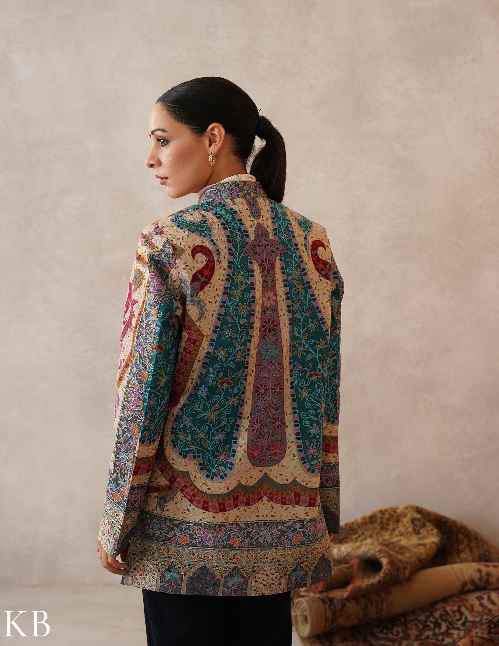 Nayaab Multicolour Kalamkari Print Sozni Outlined Fine Wool Jacket