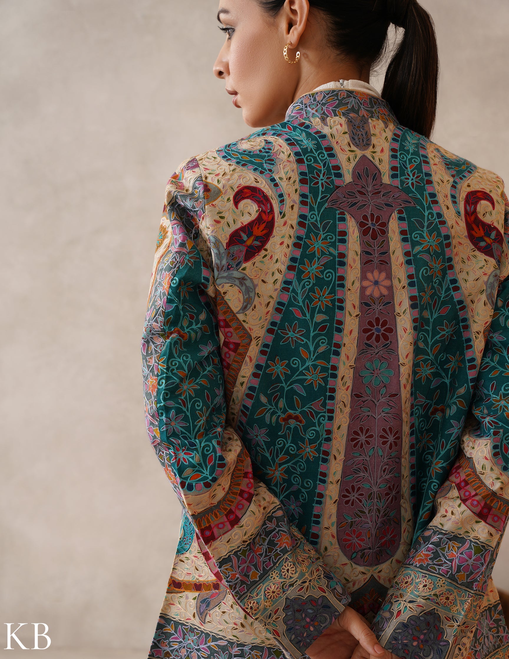 Nayaab Multicolour Kalamkari Print Sozni Outlined Fine Wool Jacket