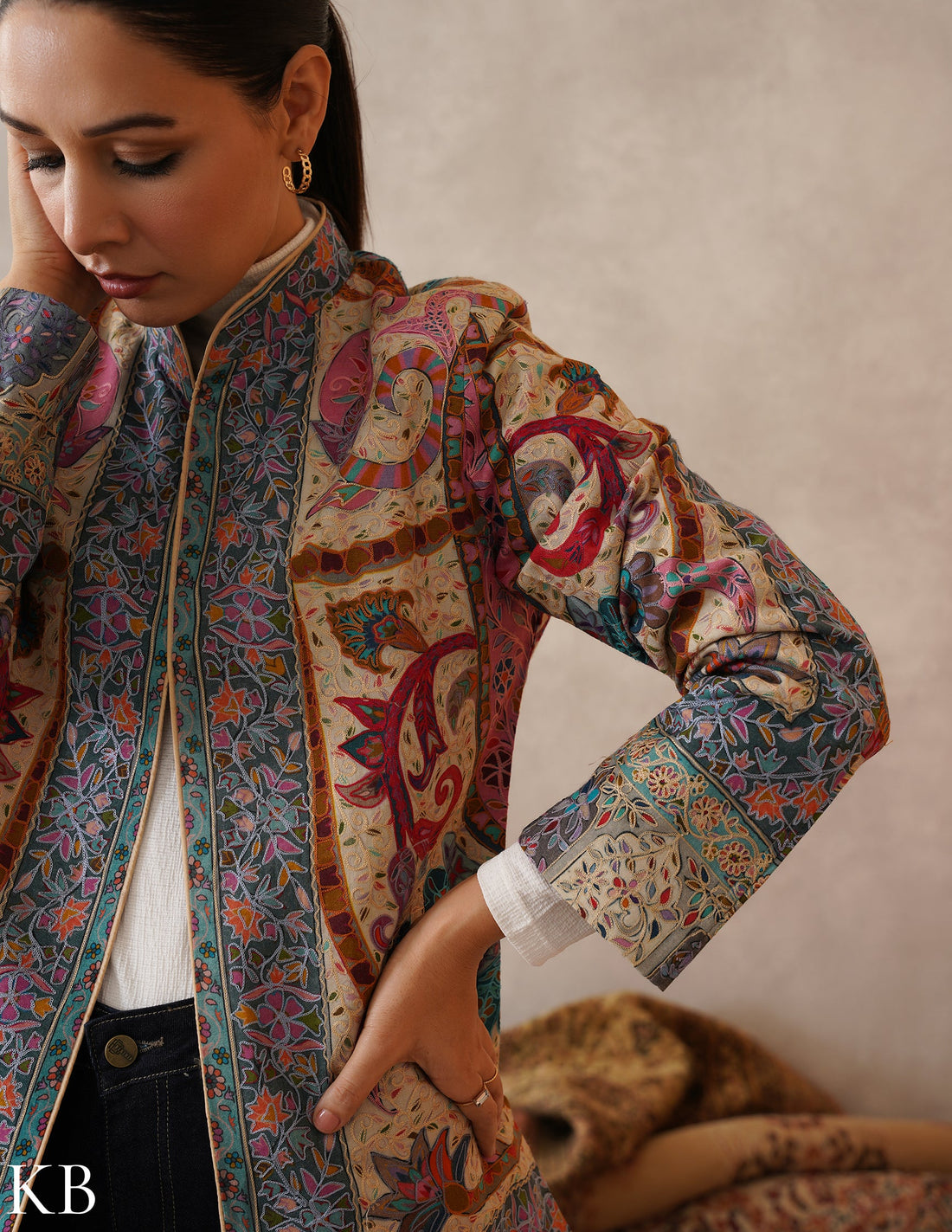 Nayaab Multicolour Kalamkari Print Sozni Outlined Fine Wool Jacket