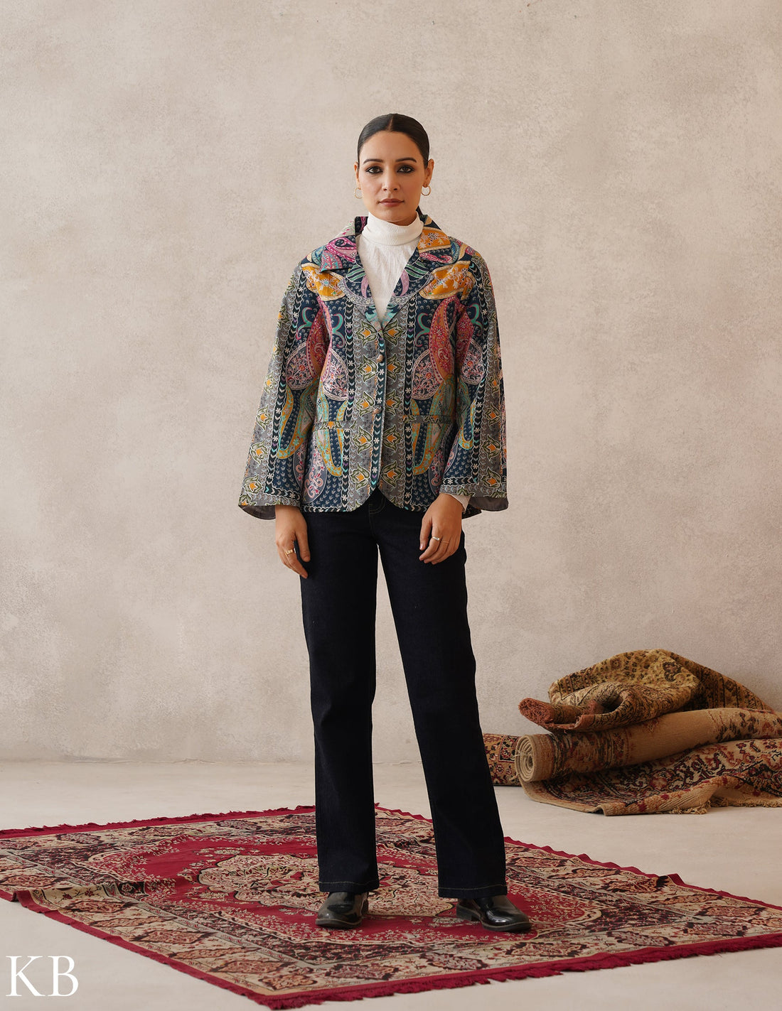 Nayaab Multicolour Kalamkari Print Sozni Outlined Fine Wool Blazer - Kashmir Box