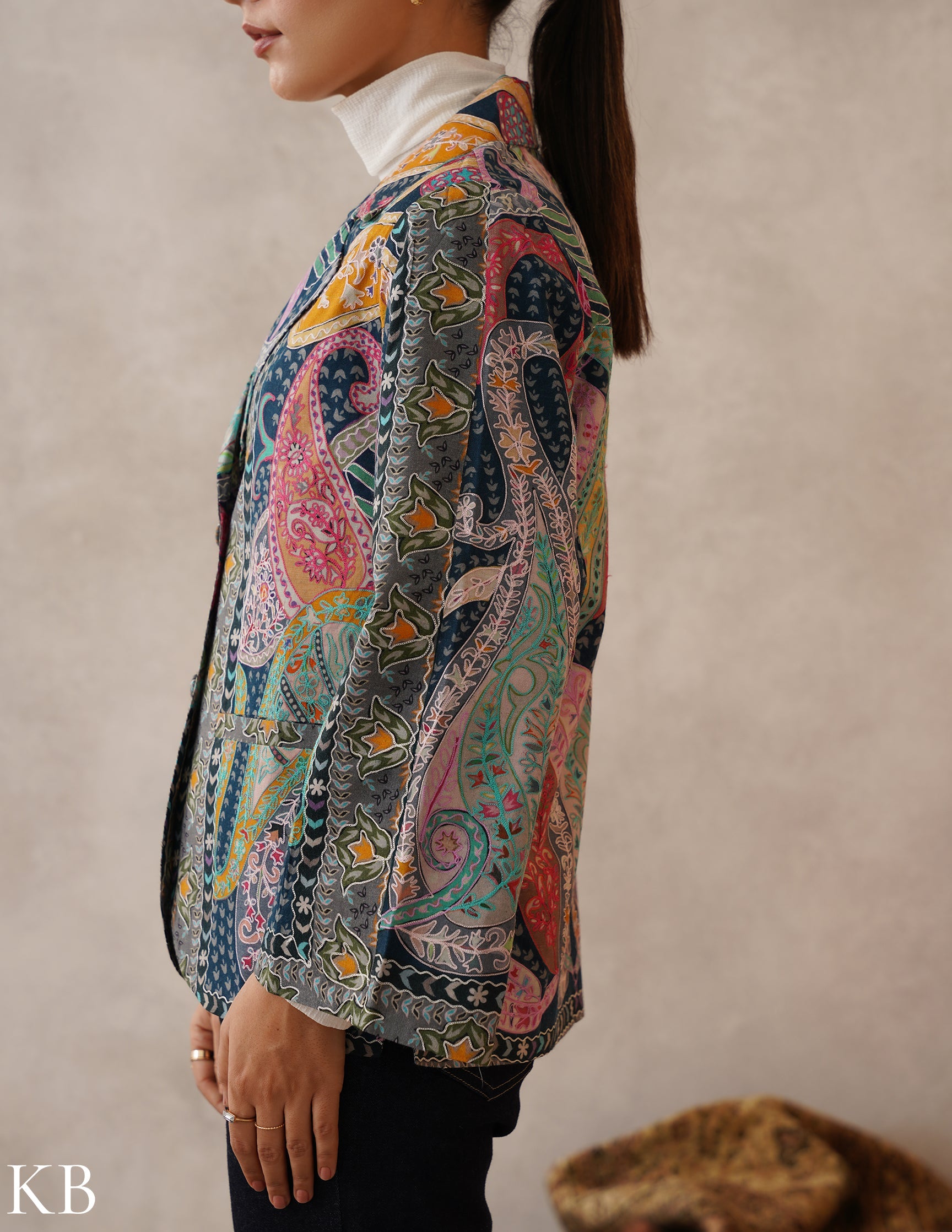 Nayaab Multicolour Kalamkari Print Sozni Outlined Fine Wool Blazer - Kashmir Box