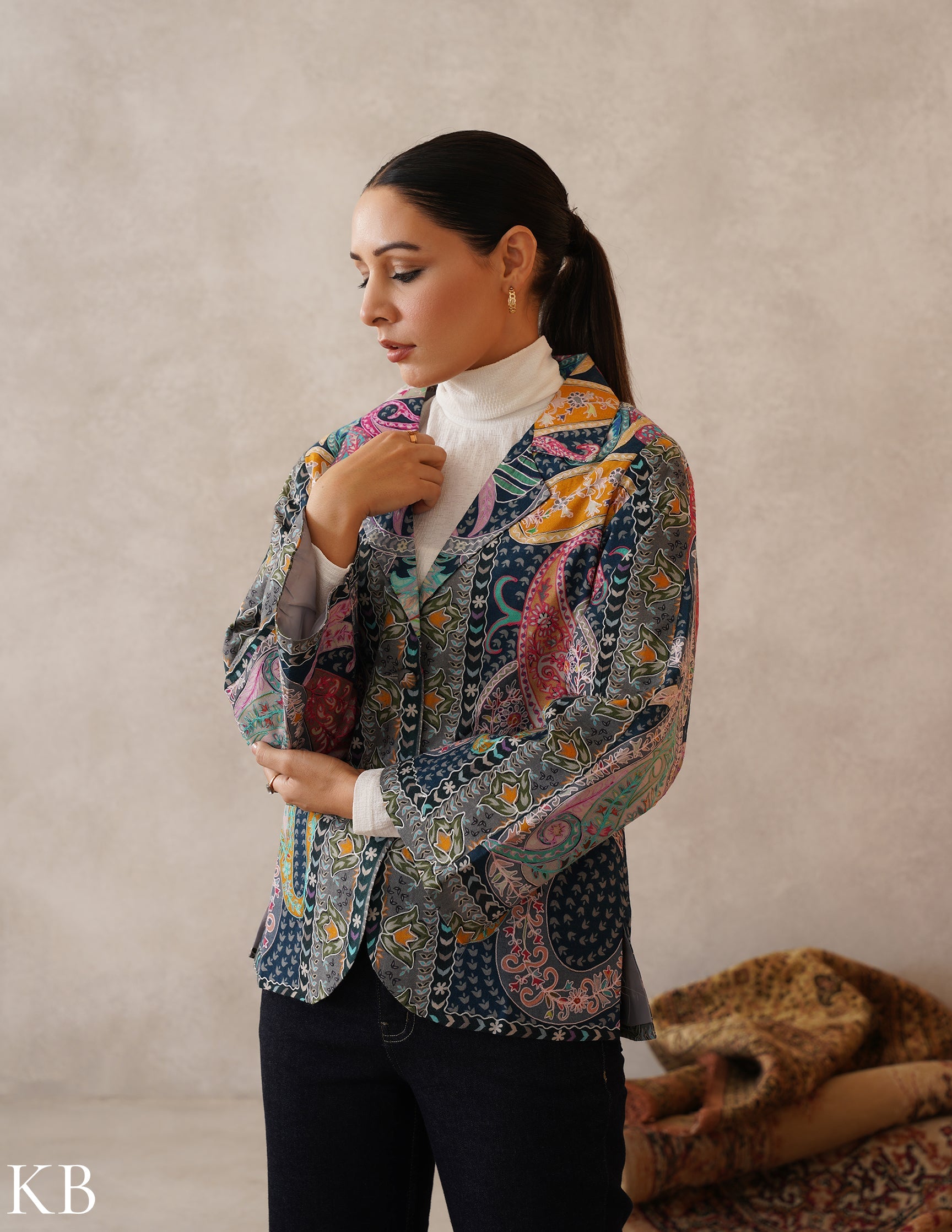 Nayaab Multicolour Kalamkari Print Sozni Outlined Fine Wool Blazer - Kashmir Box