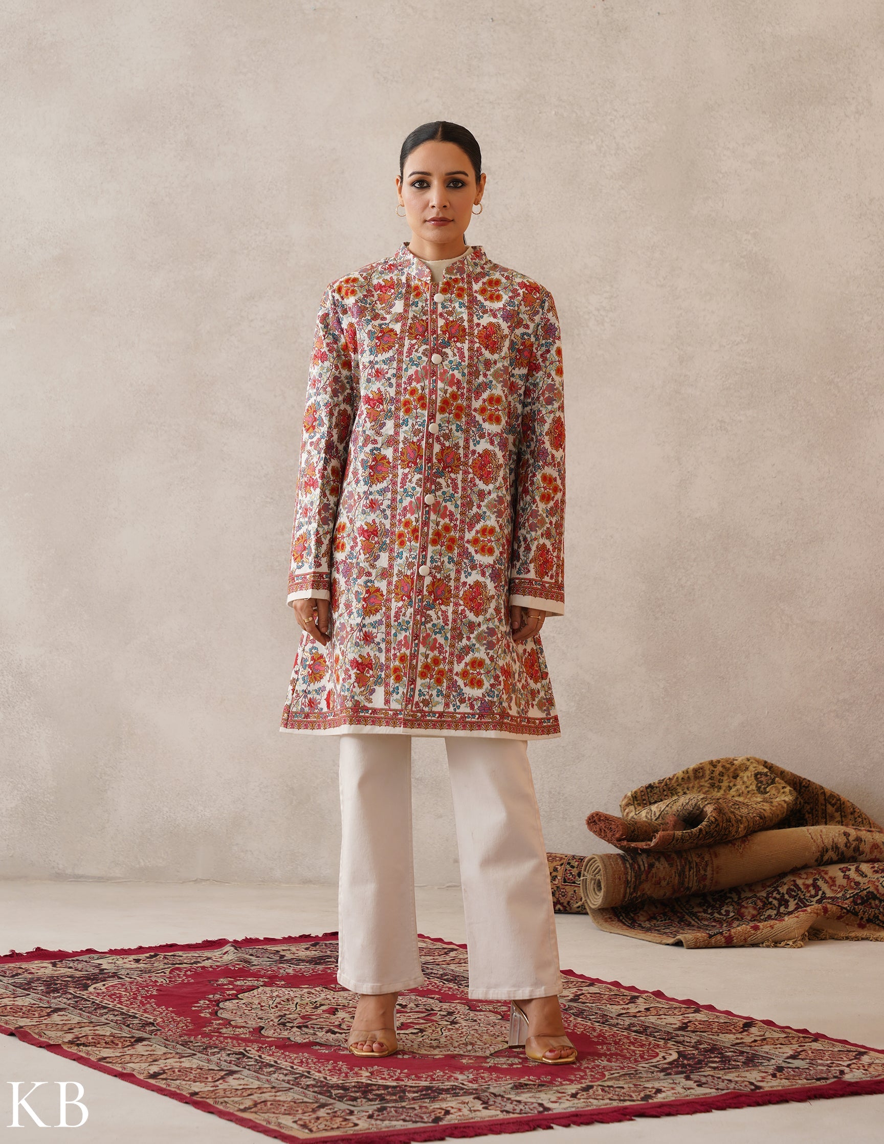Nayaab Off-White Kashmiri Sozni Fine Wool Long Jacket - Kashmir Box
