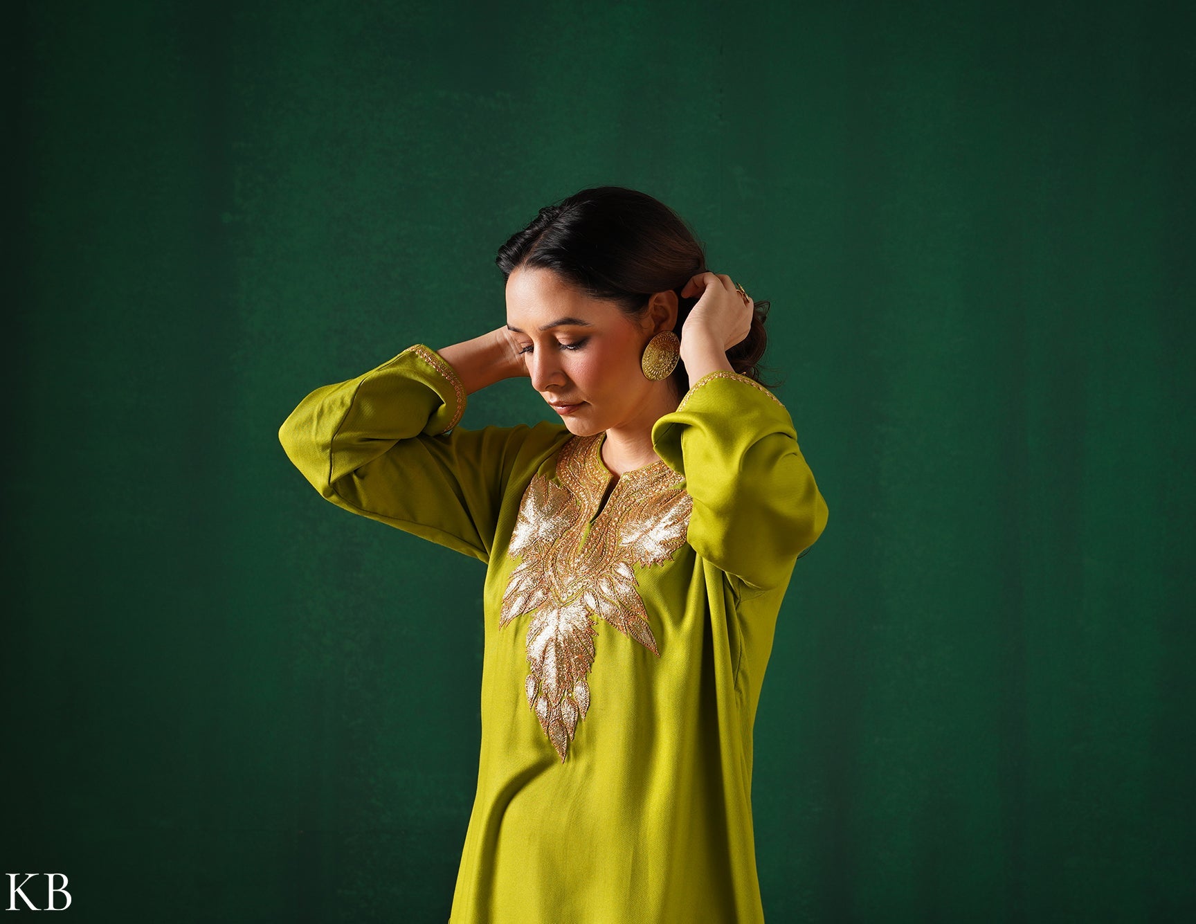 Kashmiri Golden Boti Tilla Embroidered Woollen Coordset – Lime Green | Handcrafted Heritage - Kashmir Box