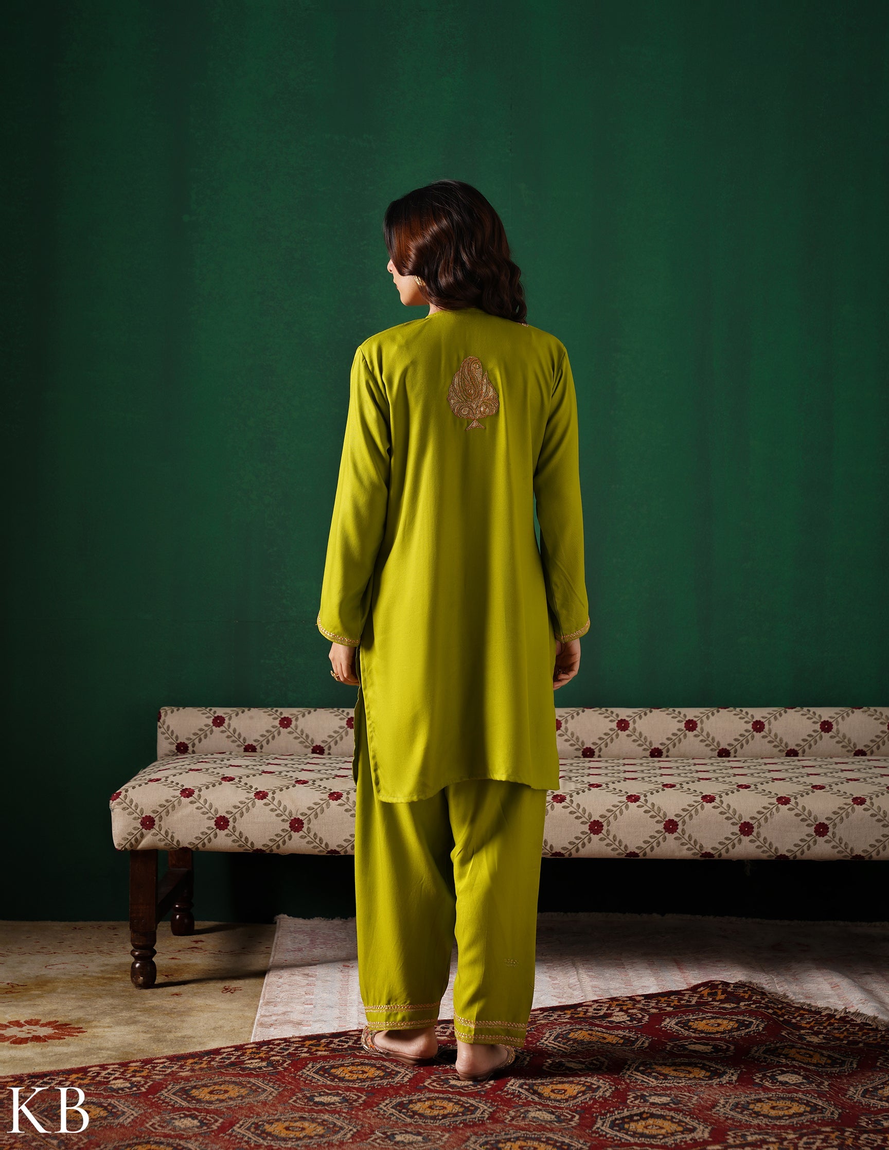 Kashmiri Golden Boti Tilla Embroidered Woollen Coordset – Lime Green | Handcrafted Heritage - Kashmir Box