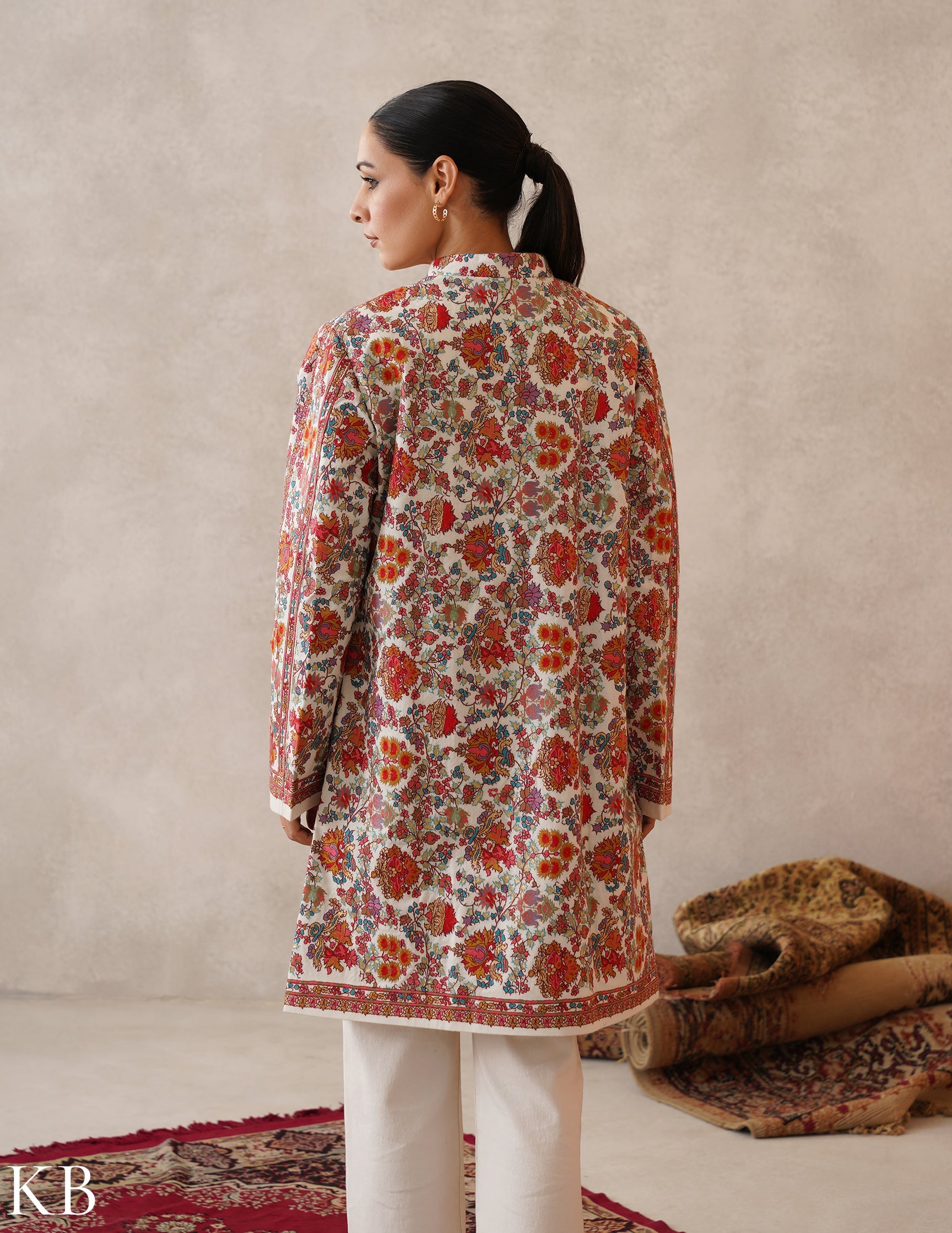 Nayaab Off-White Kashmiri Sozni Fine Wool Long Jacket - Kashmir Box